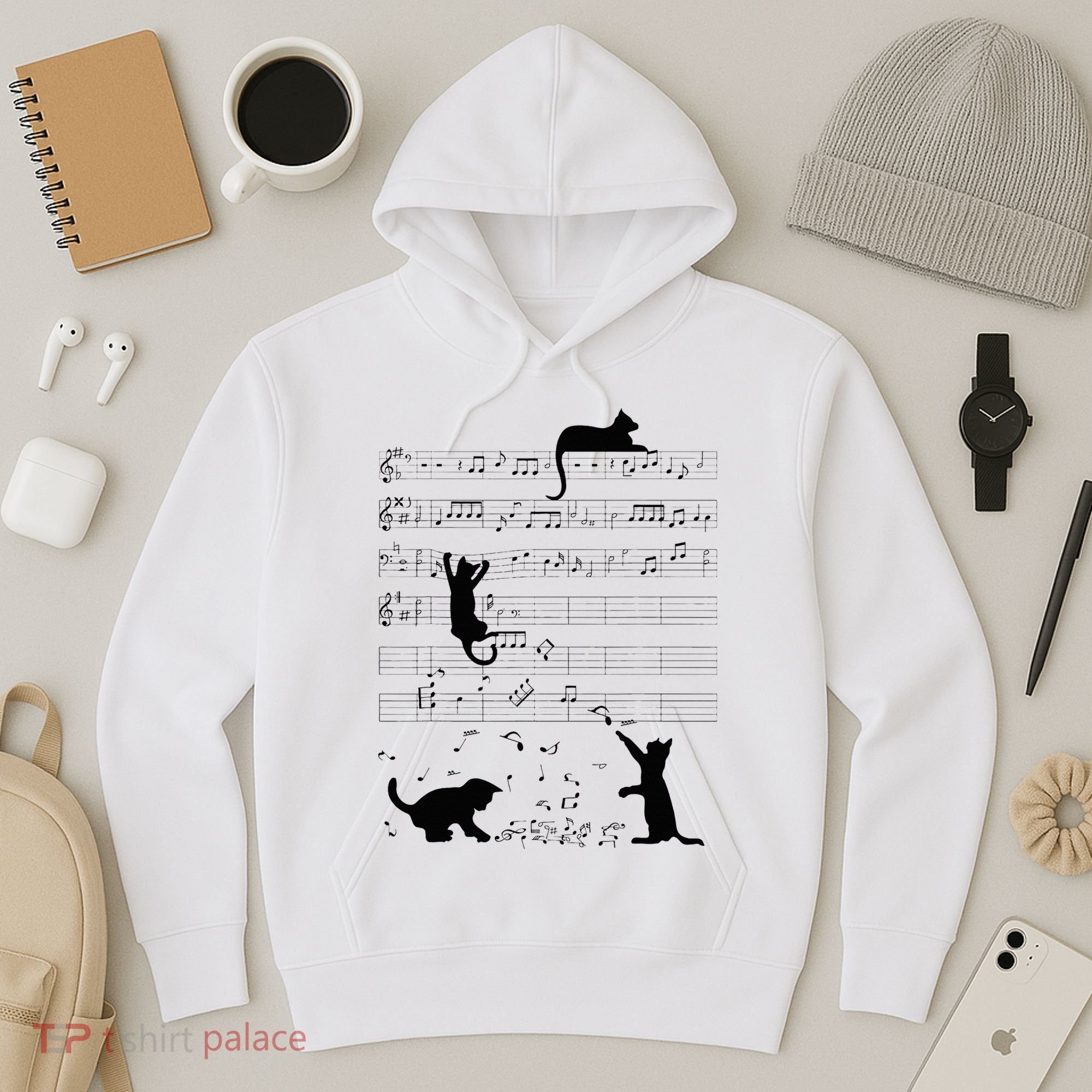 Cute Cat Kitty Playing Music Note Clef Musician Art Hoodie