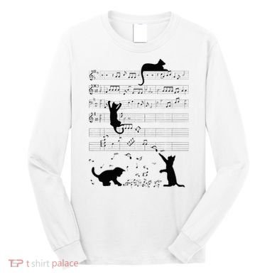 Cute Cat Kitty Playing Music Note Clef Musician Art Long Sleeve Shirt