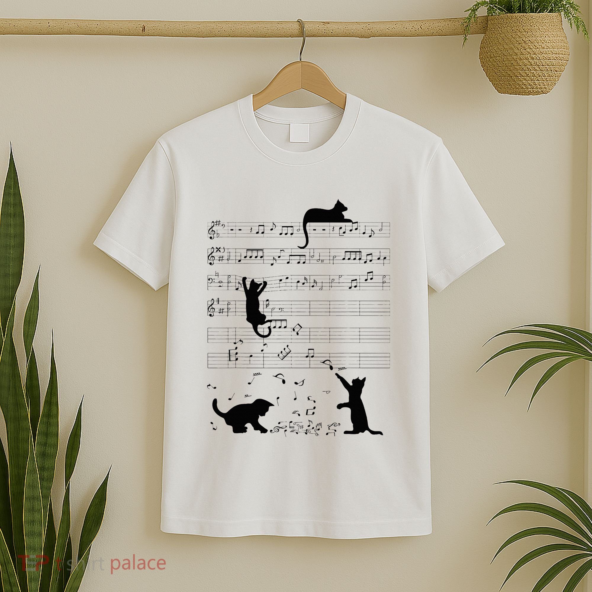 Cute Cat Kitty Playing Music Note Clef Musician Art T-Shirt