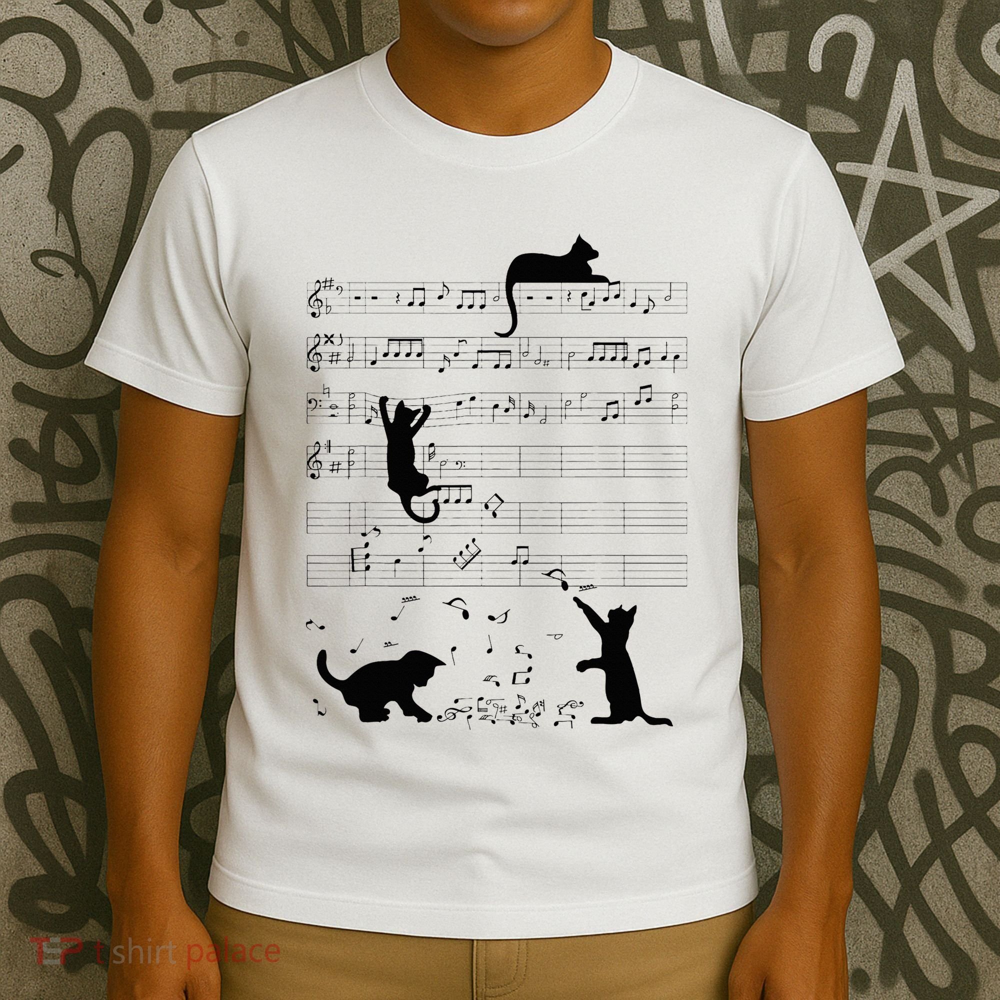 Cute Cat Kitty Playing Music Note Clef Musician Art T-Shirt