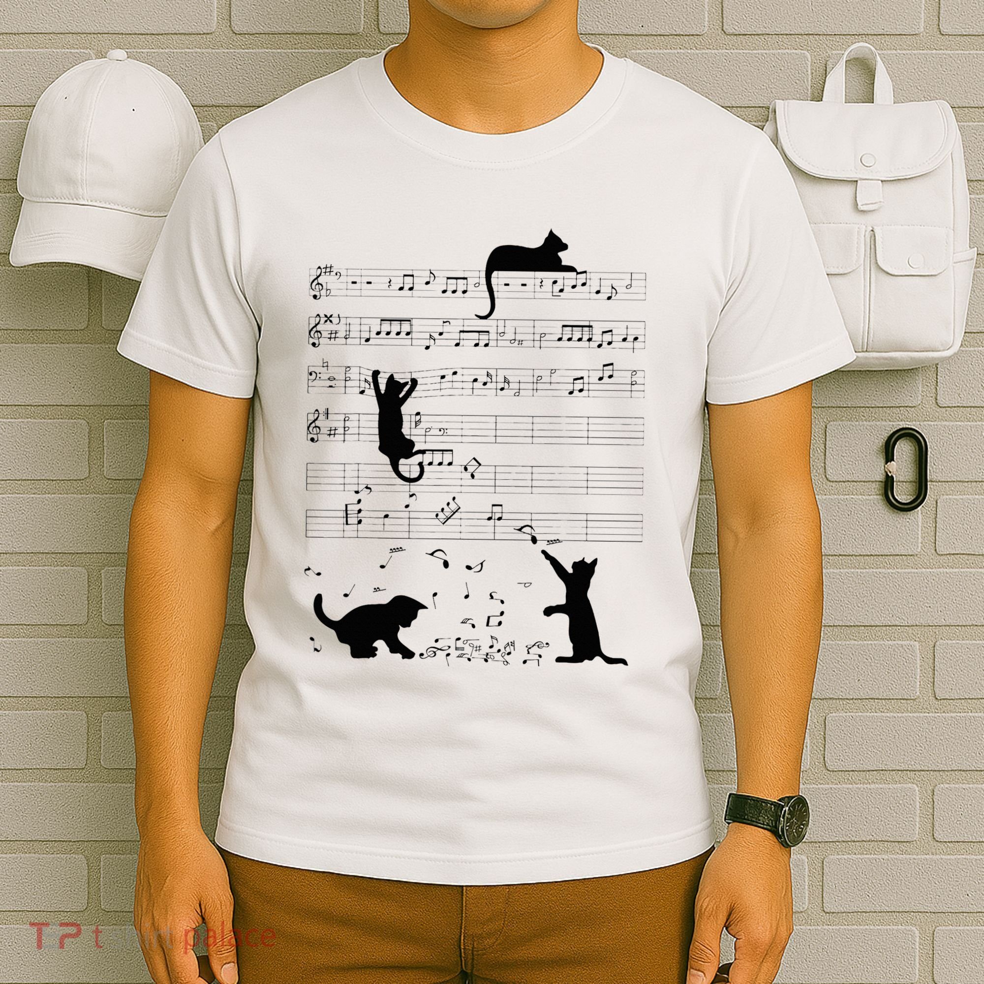 Cute Cat Kitty Playing Music Note Clef Musician Art T-Shirt