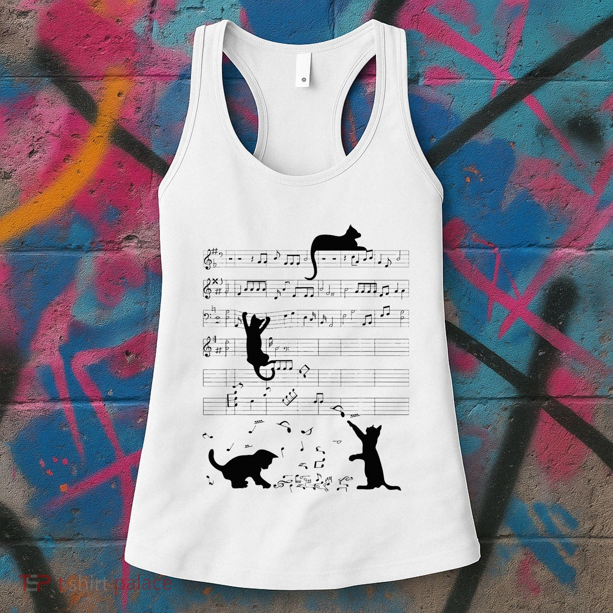 Cute Cat Kitty Playing Music Note Clef Musician Art Women's Tank Top