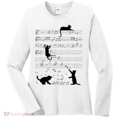 Cute Cat Kitty Playing Music Note Clef Musician Art Women's Long Sleeve Shirt
