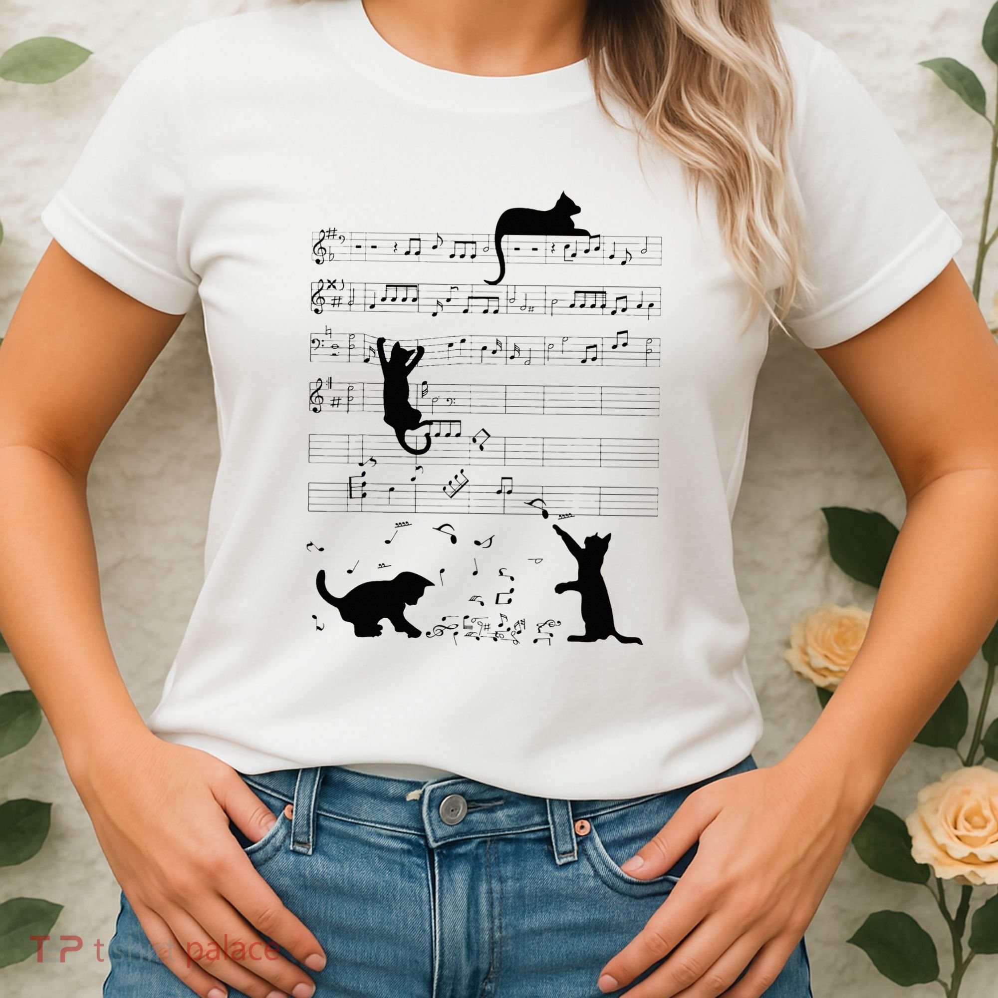 Cute Cat Kitty Playing Music Note Clef Musician Art Women's T-Shirt