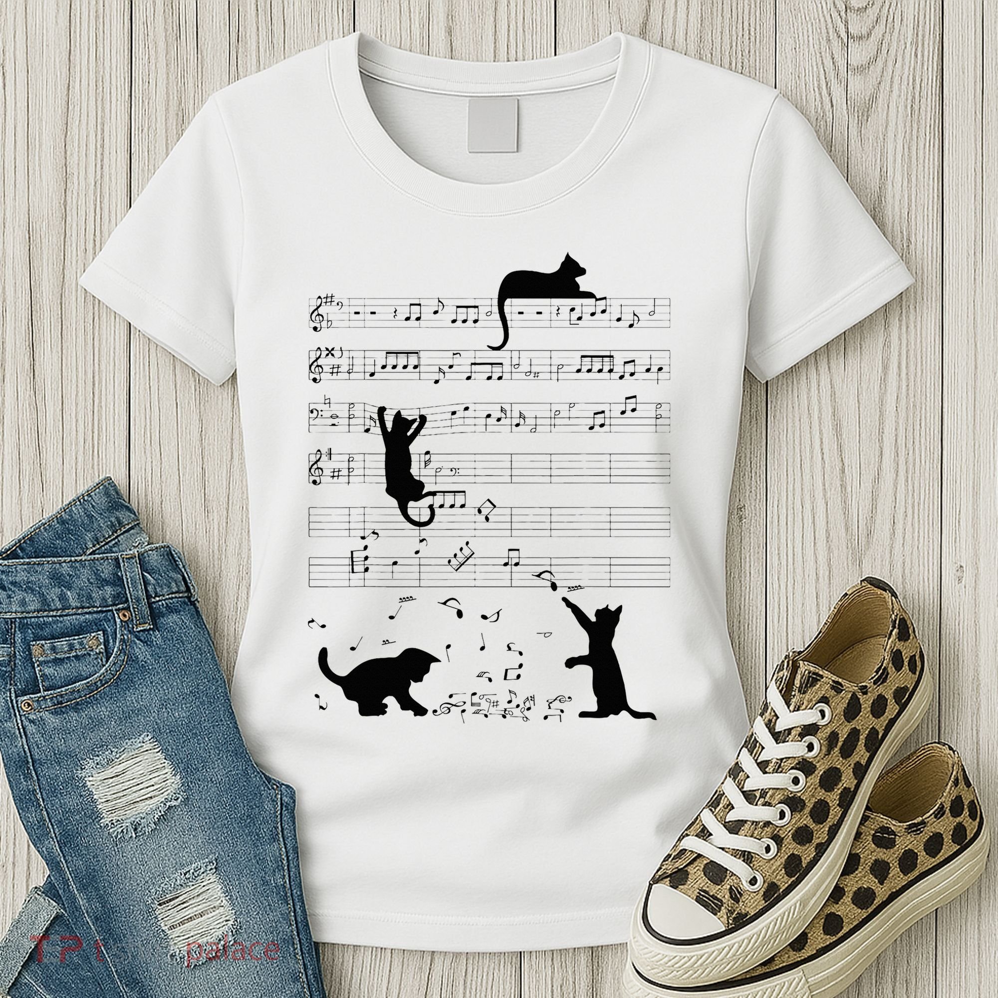 Cute Cat Kitty Playing Music Note Clef Musician Art Women's T-Shirt