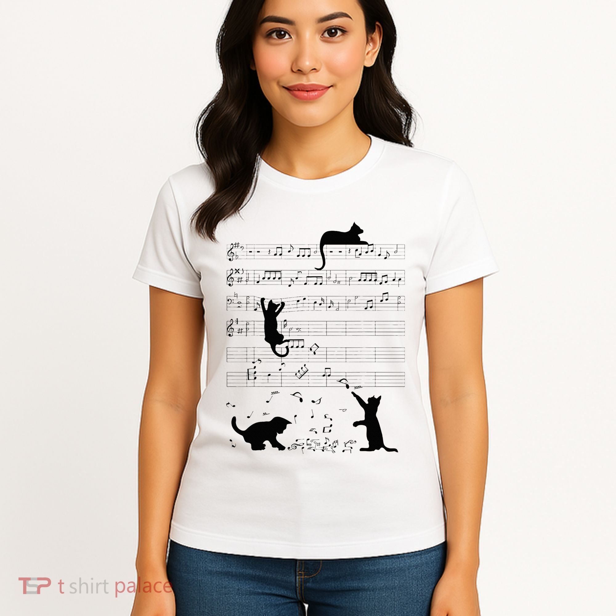 Cute Cat Kitty Playing Music Note Clef Musician Art Women's T-Shirt