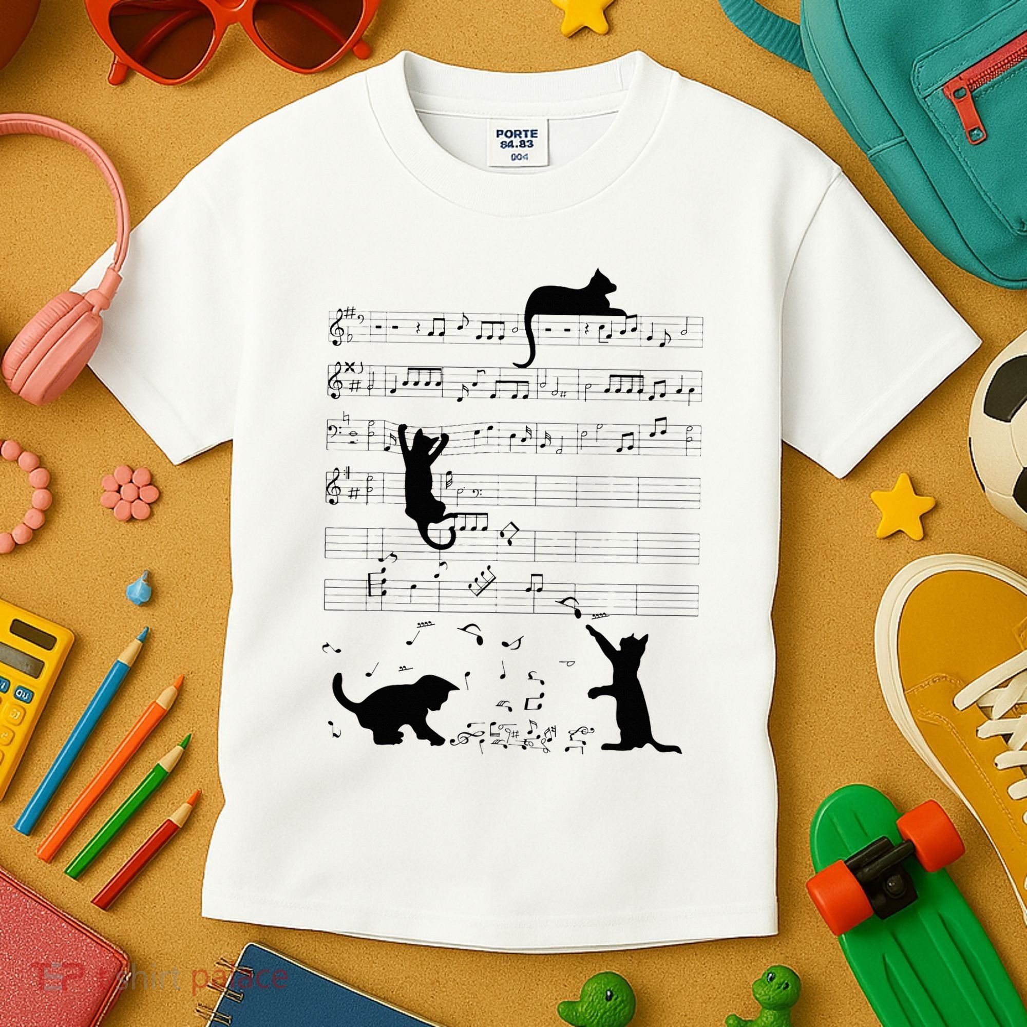 Cute Cat Kitty Playing Music Note Clef Musician Art Kids T-Shirt