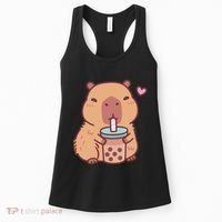 Cute Capybara Kawaii Anime Drinking Bubble Tea Lover Women's Tank Top thumb 0