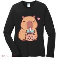 Cute Capybara Kawaii Anime Drinking Bubble Tea Lover Women's Long Sleeve Shirt thumb 0