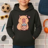 Cute Capybara Kawaii Anime Drinking Bubble Tea Lover Kids Hoodie thumb 2