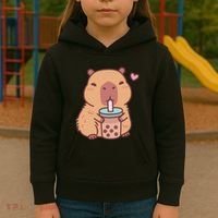 Cute Capybara Kawaii Anime Drinking Bubble Tea Lover Kids Hoodie thumb 3