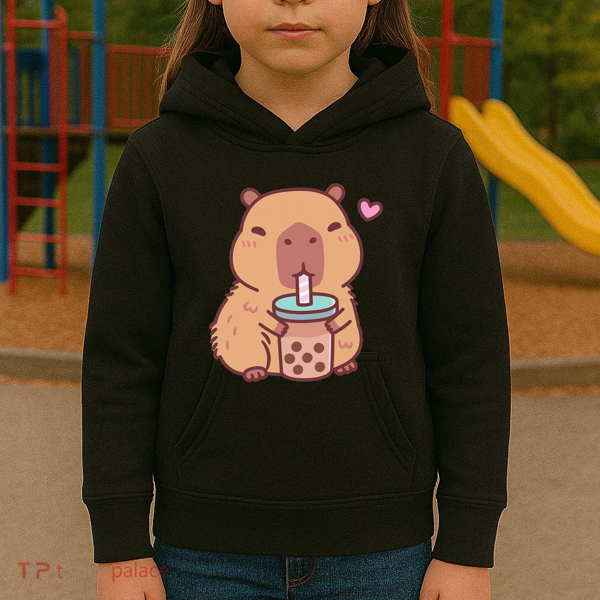 Cute Capybara Kawaii Anime Drinking Bubble Tea Lover Kids Hoodie