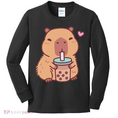 Cute Capybara Kawaii Anime Drinking Bubble Tea Lover Kids Long Sleeve Shirt