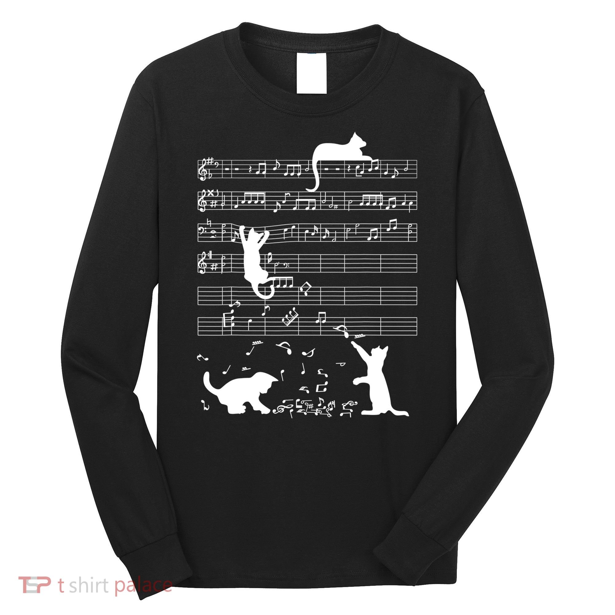 Cute Cat Kitty Playing Music Gift Clef Piano Musician Art Gift Long Sleeve Shirt