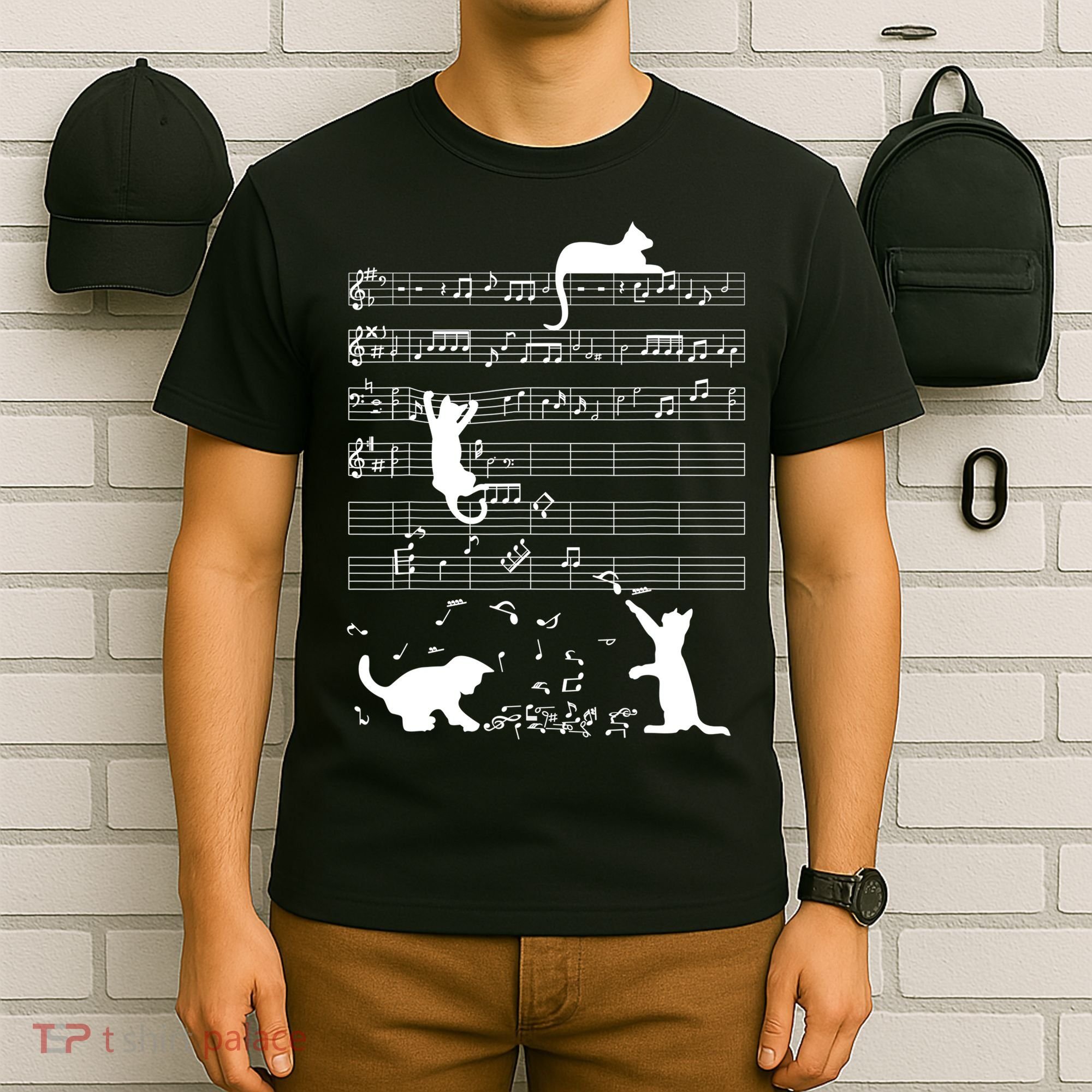 Cute Cat Kitty Playing Music Gift Clef Piano Musician Art Gift T-Shirt