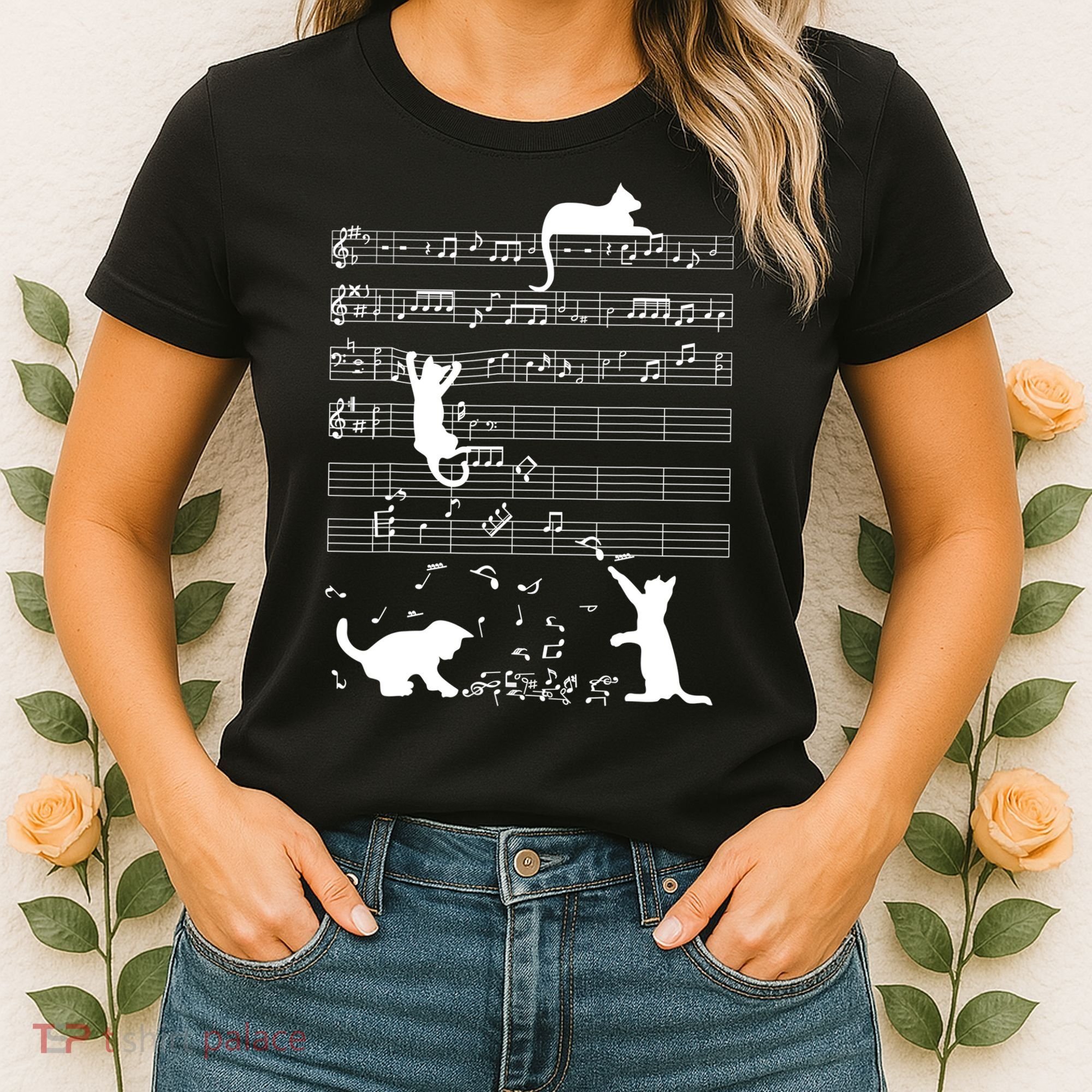 Cute Cat Kitty Playing Music Gift Clef Piano Musician Art Gift Women's T-Shirt