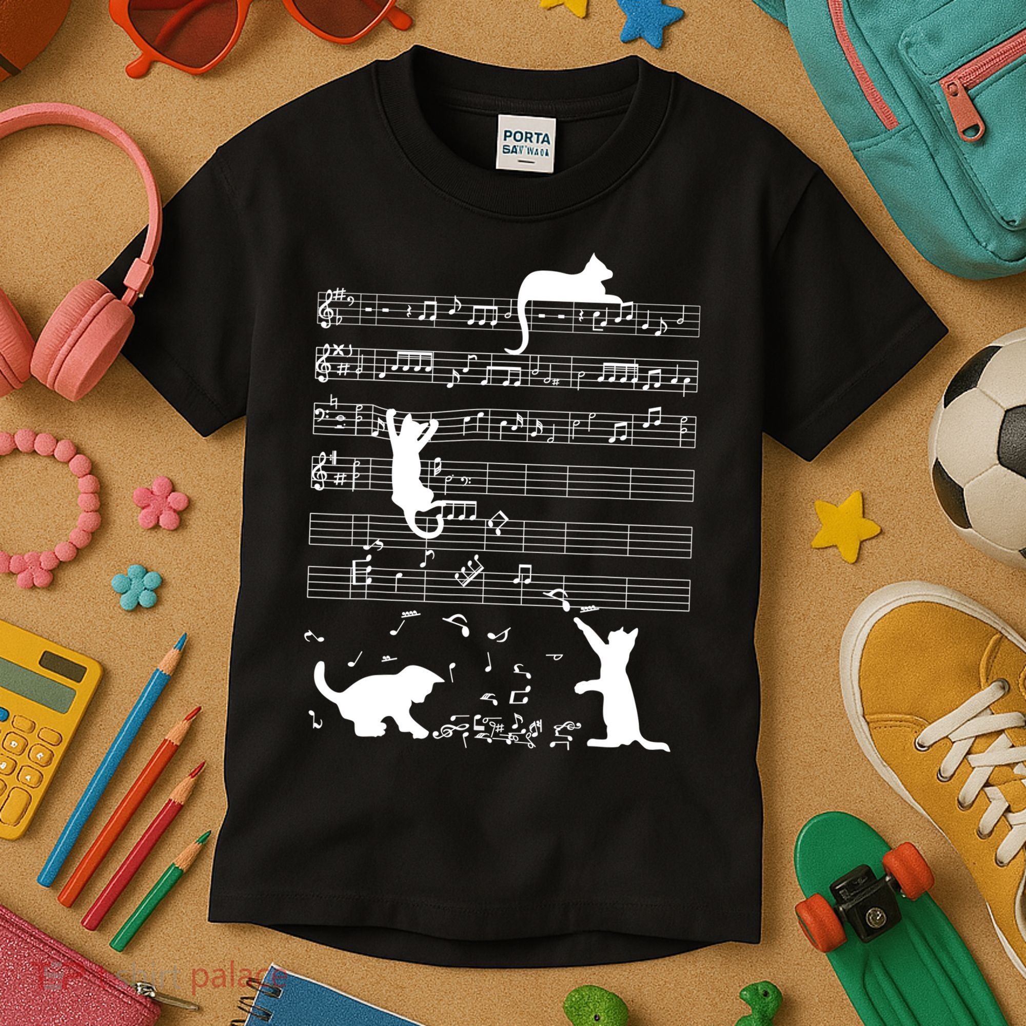 Cute Cat Kitty Playing Music Gift Clef Piano Musician Art Gift Kids T-Shirt