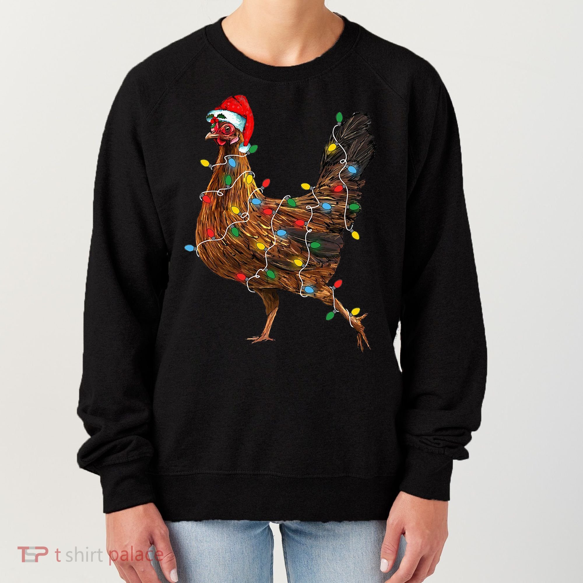 Chicken Christmas Lights Santa Hat Funny Chicken Lover Xmas Women's Sweatshirt