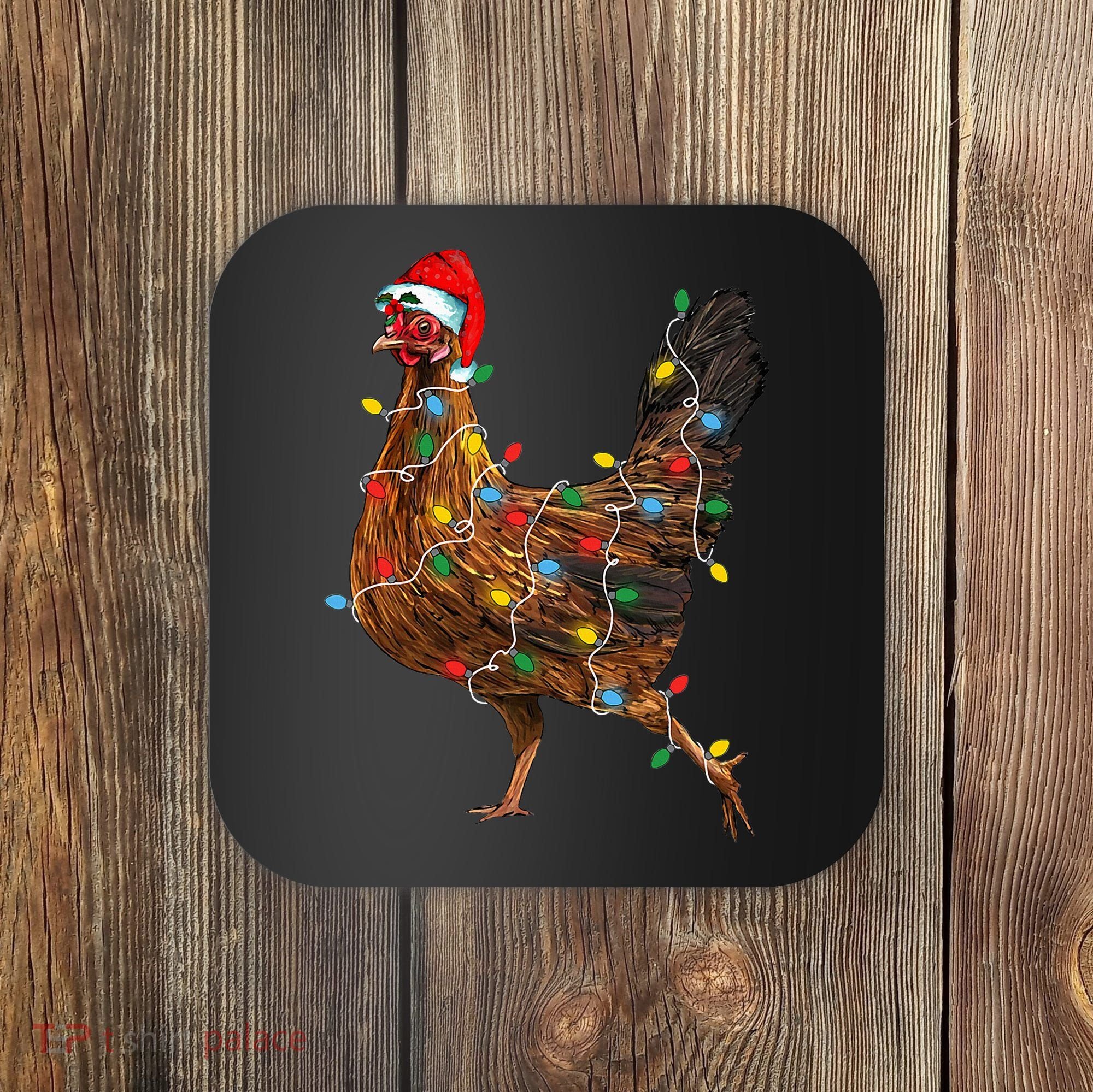 Chicken Christmas Lights Santa Hat Funny Chicken Lover Xmas Coaster