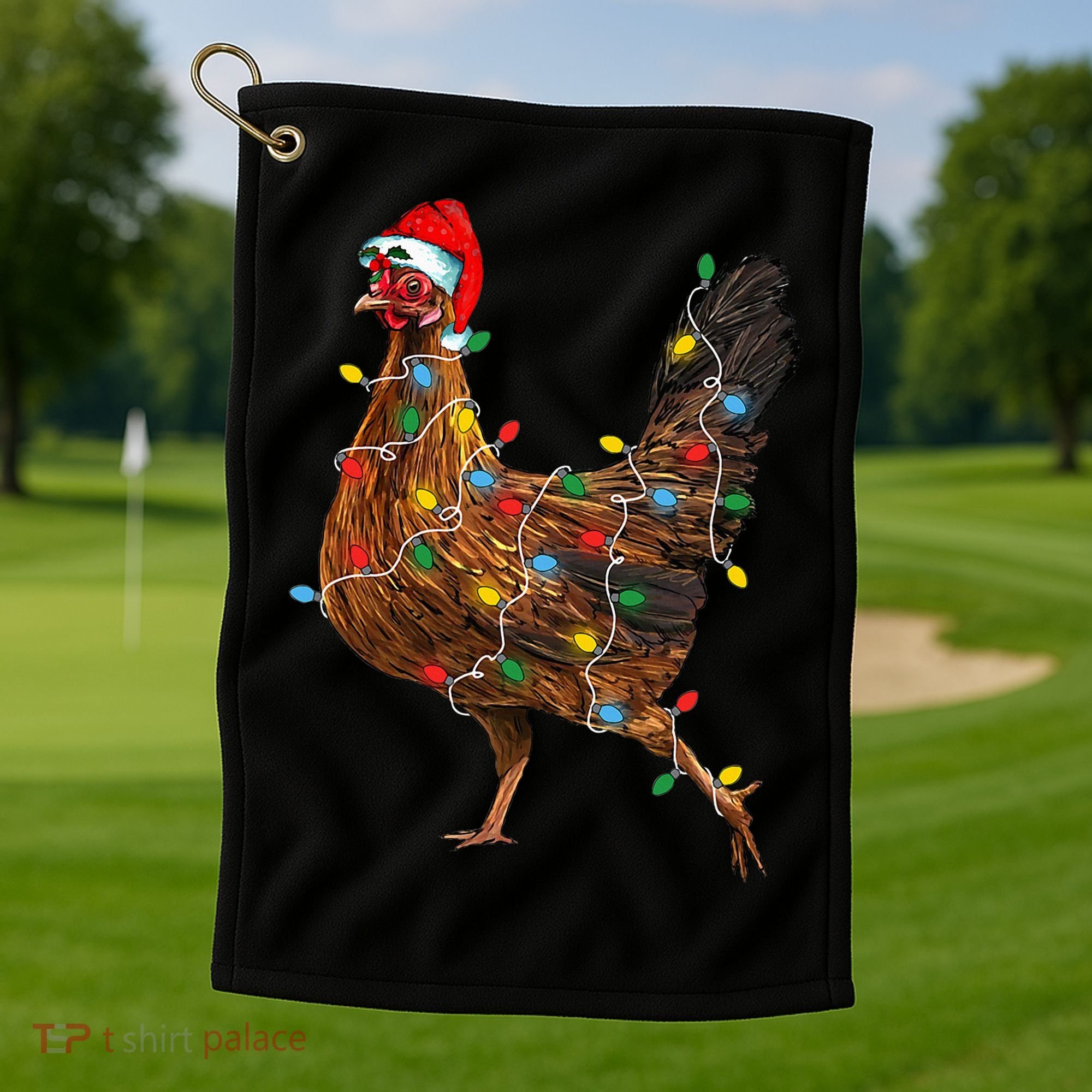 Chicken Christmas Lights Santa Hat Funny Chicken Lover Xmas Golf Towel