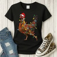 Chicken Christmas Lights Santa Hat Funny Chicken Lover Xmas Women's T-Shirt thumb 3