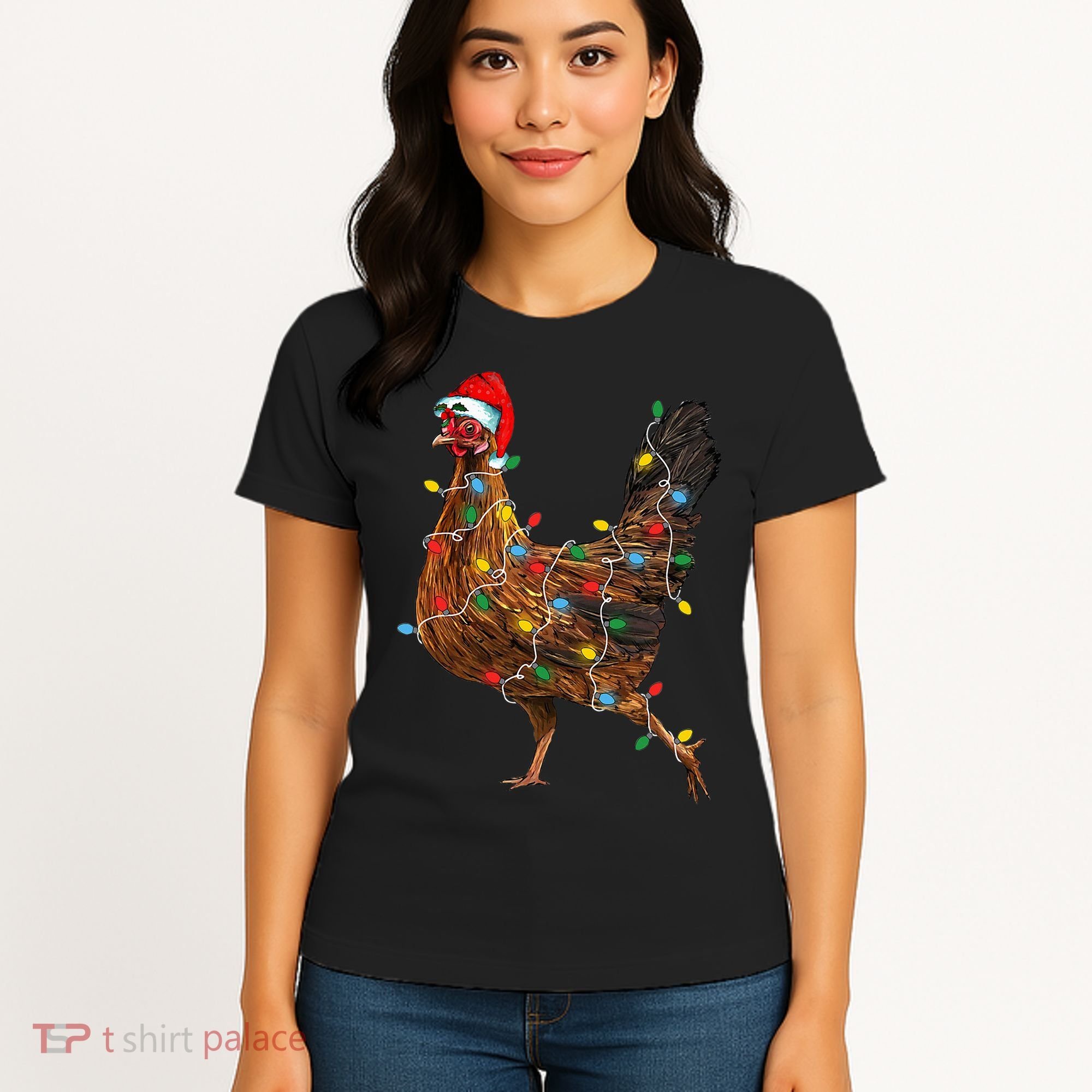 Chicken Christmas Lights Santa Hat Funny Chicken Lover Xmas Women's T-Shirt