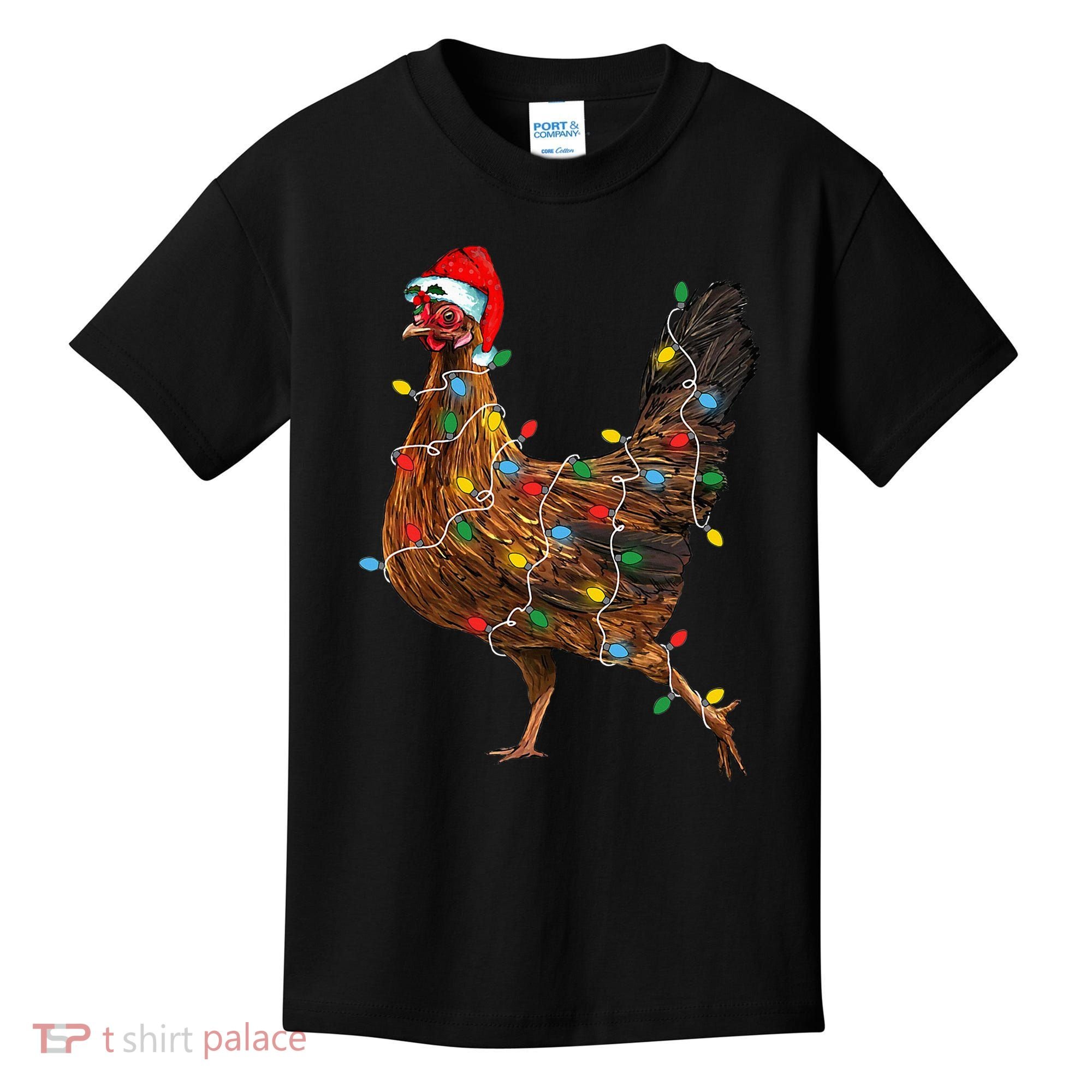Chicken Christmas Lights Santa Hat Funny Chicken Lover Xmas Kids T-Shirt