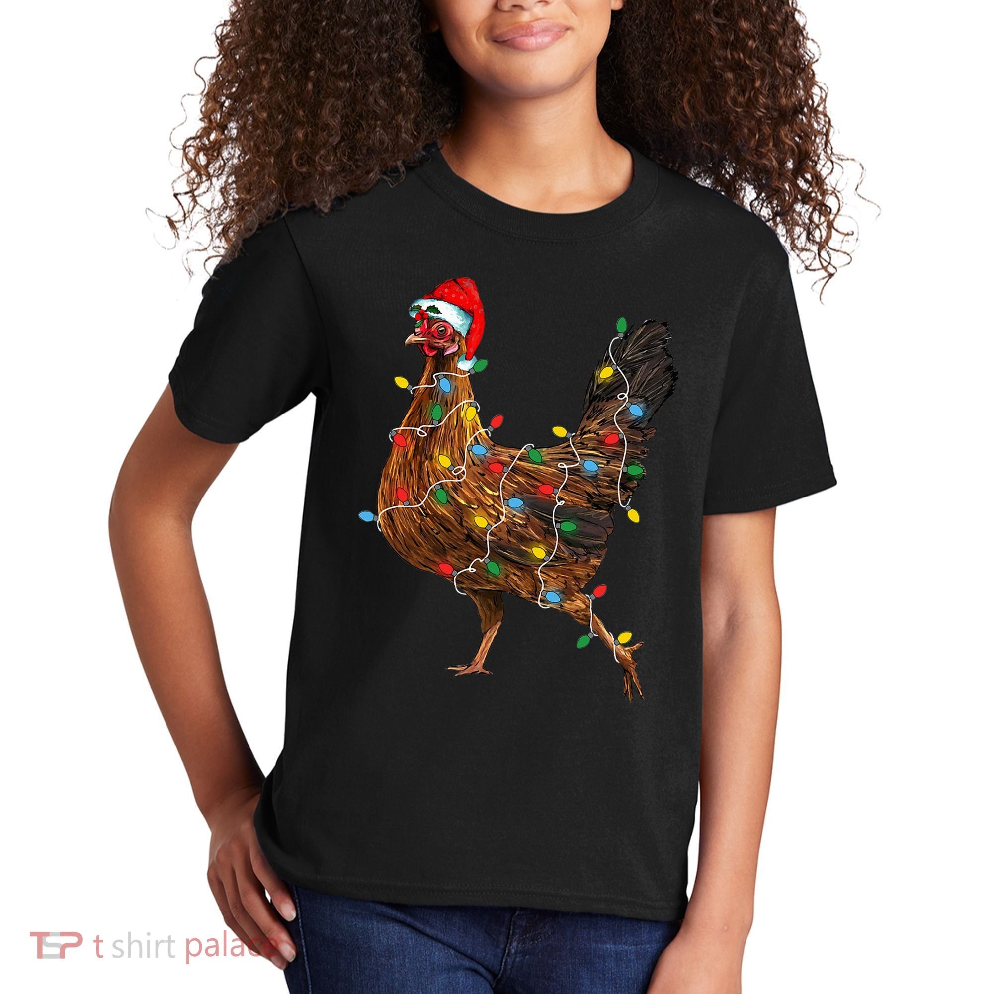 Chicken Christmas Lights Santa Hat Funny Chicken Lover Xmas Kids T-Shirt