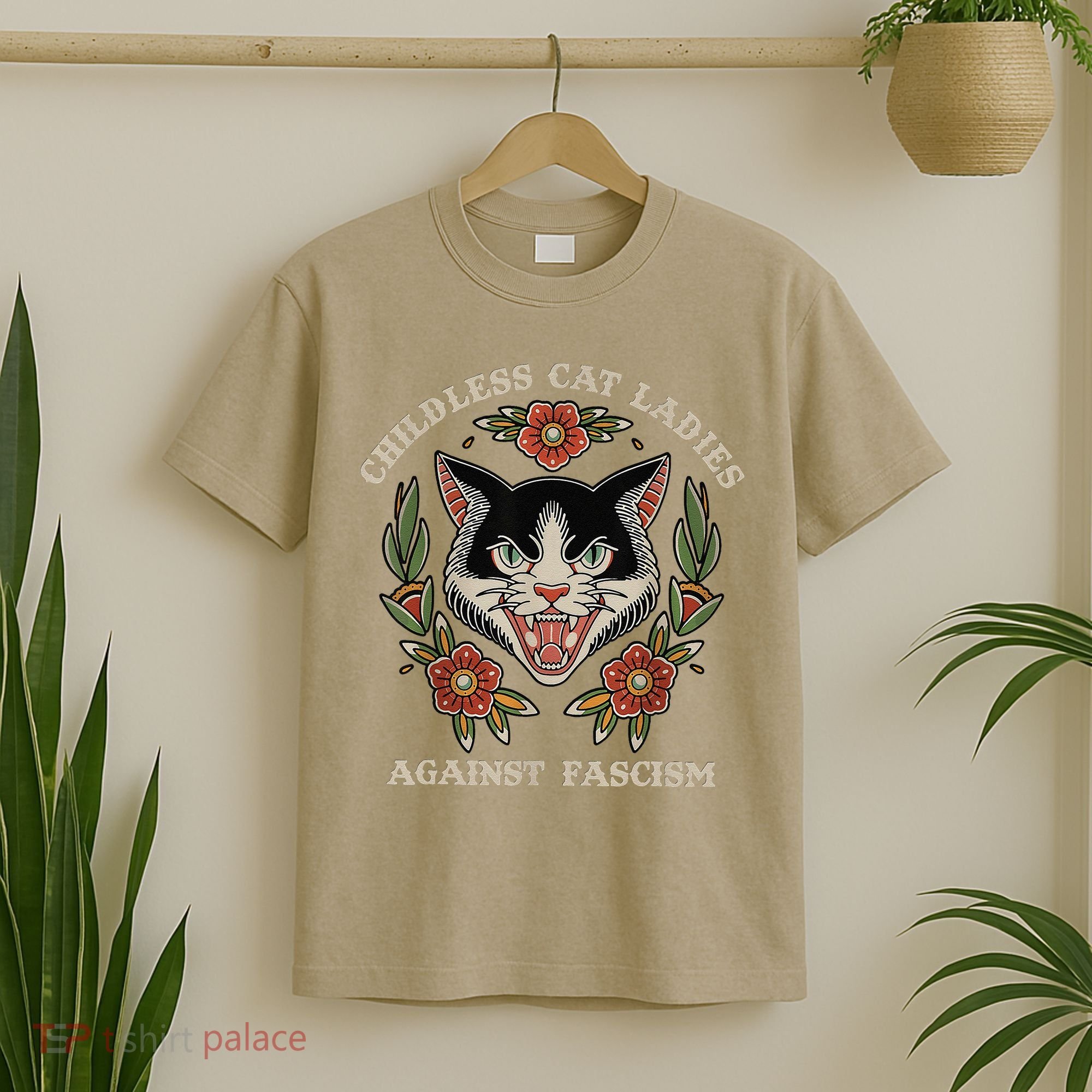 Childless Cat Ladies Against Fascism Flowers T-Shirt