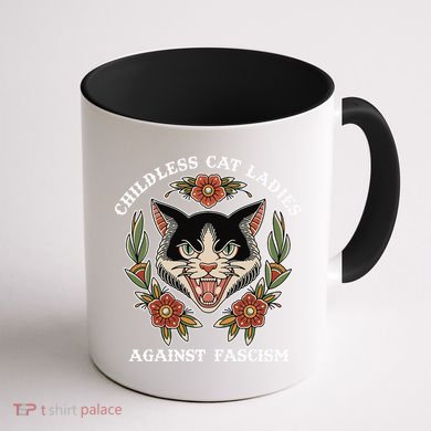 Childless Cat Ladies Against Fascism Funny Cat Feminist Coffee Mug back