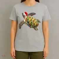 Cute Christmas Lights Santa Sea Turtle T-Shirt thumb 4