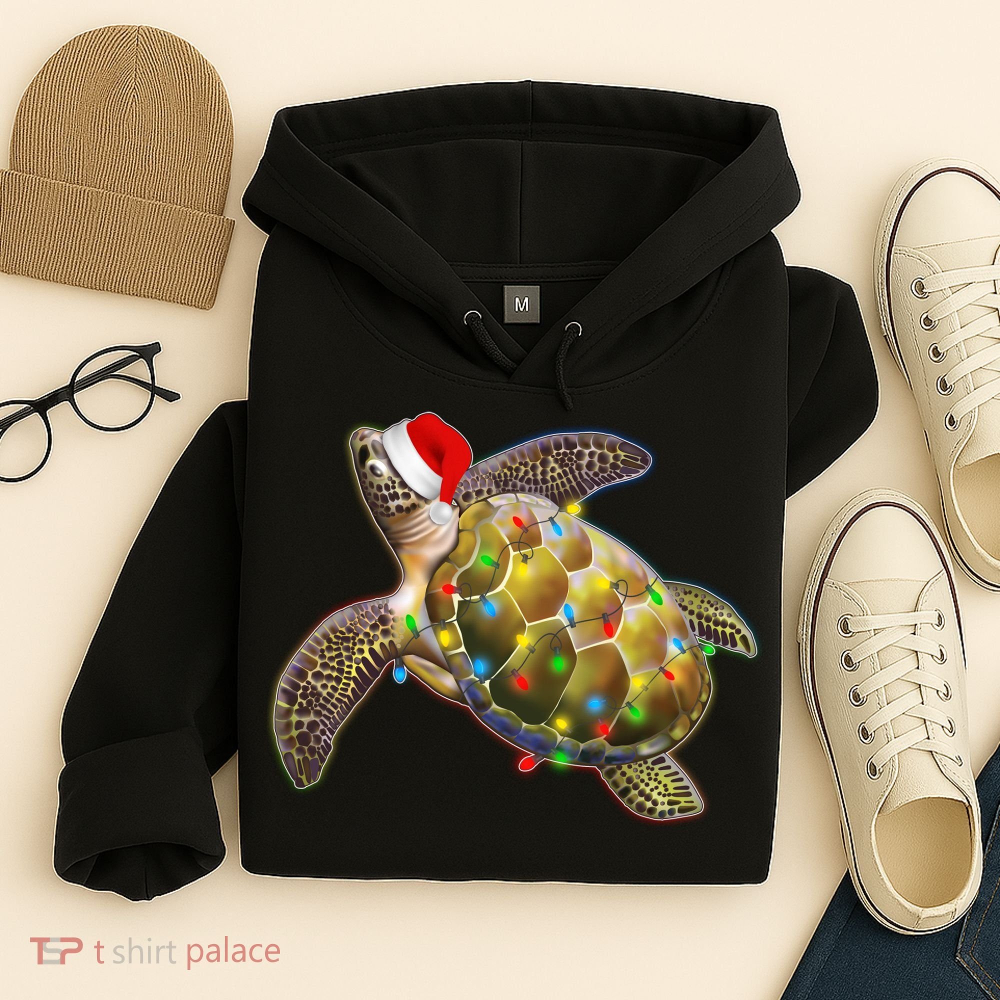 Cute Christmas Lights Santa Sea Turtle Hoodie