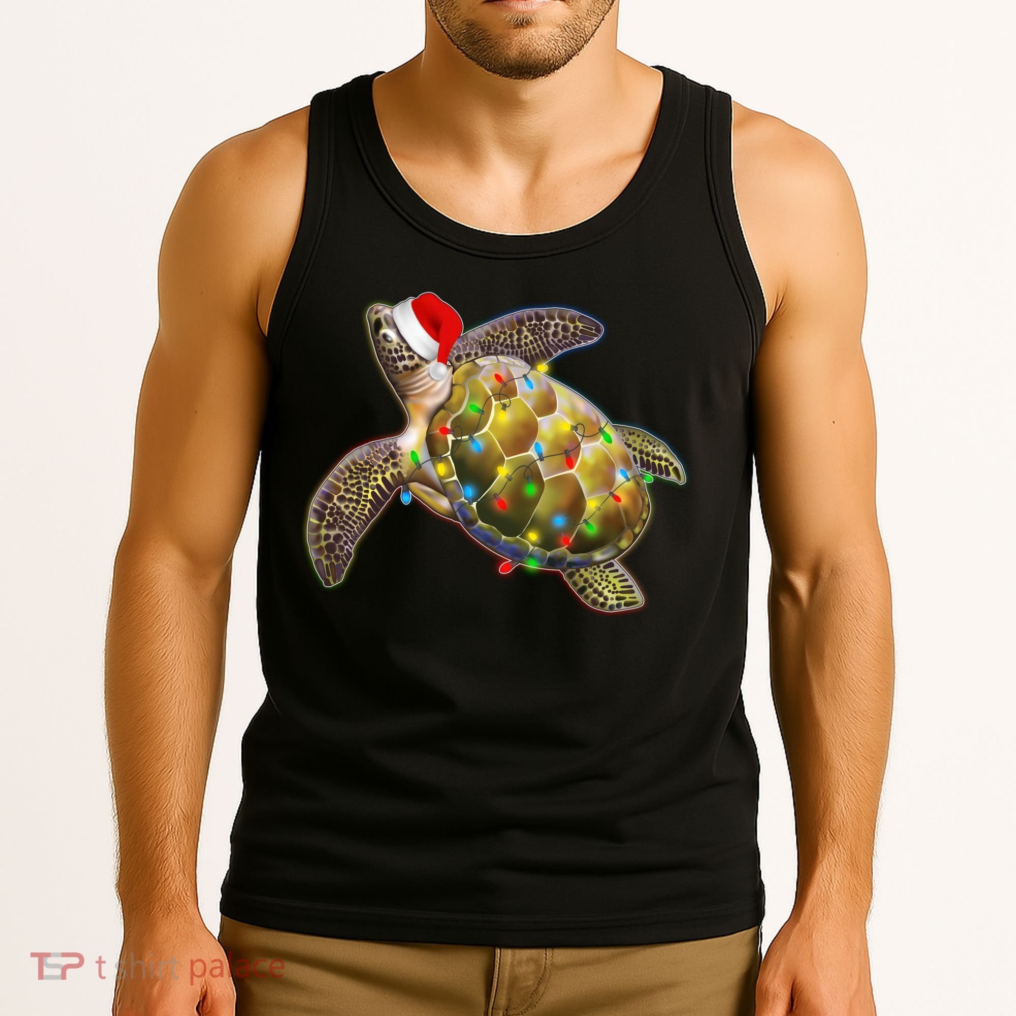 Cute Christmas Lights Santa Sea Turtle Tank Top