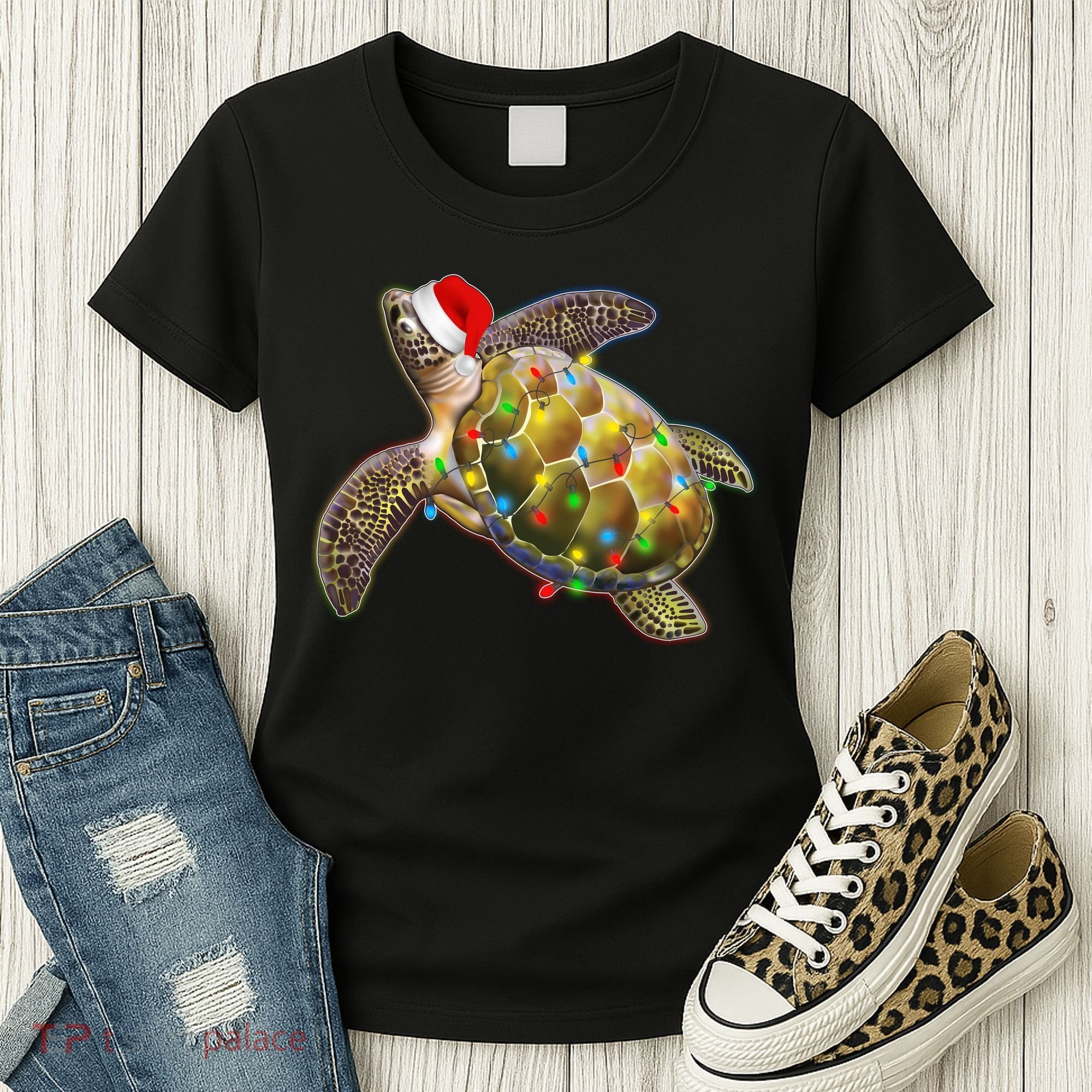 Cute Christmas Lights Santa Sea Turtle Women's T-Shirt