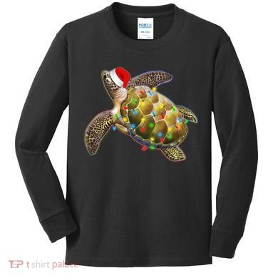 Cute Christmas Lights Santa Sea Turtle Kids Long Sleeve Shirt