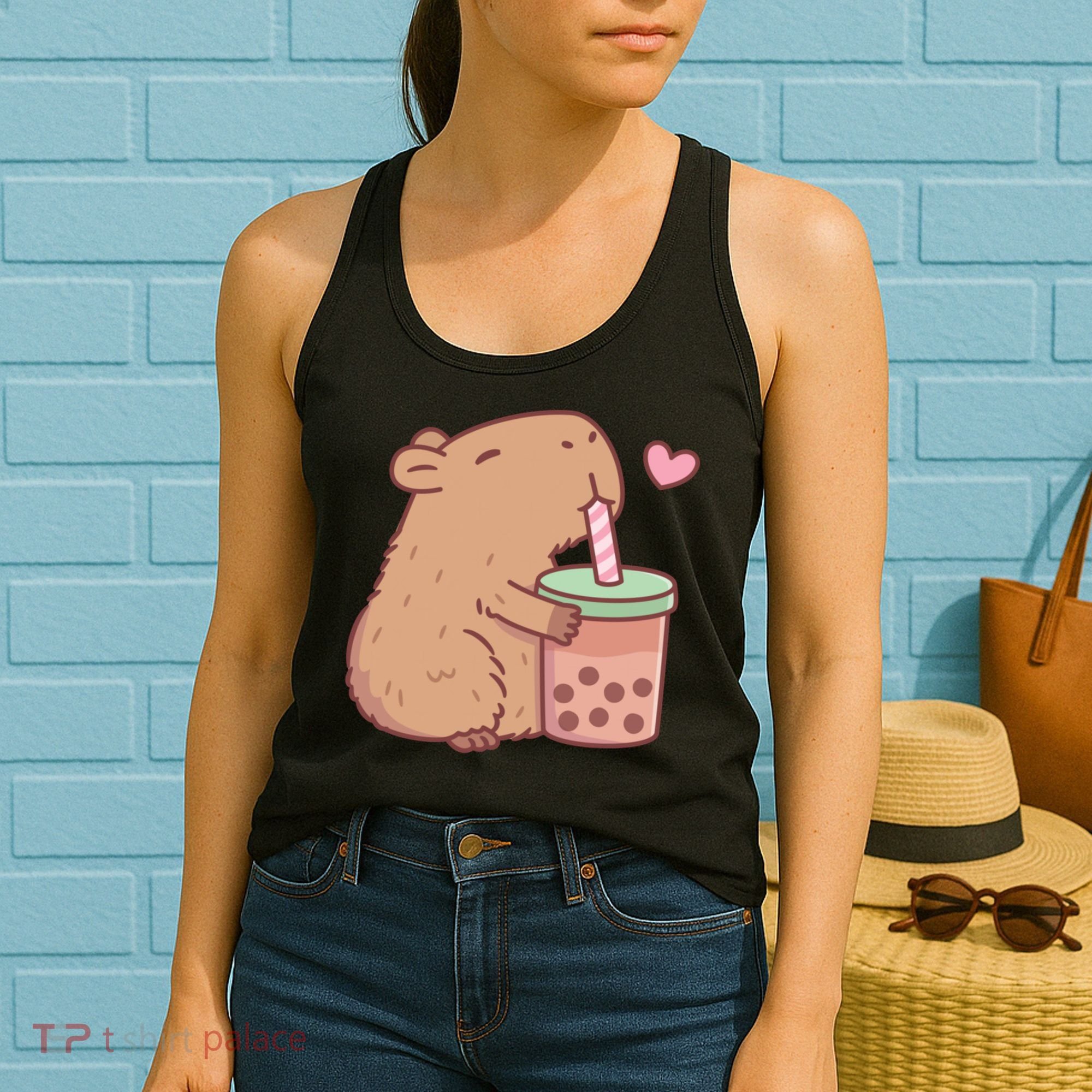 Cute Capybara Loves Bubble Tea Women's Tank Top