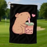 Cute Capybara Loves Bubble Tea Golf Towel thumb 1