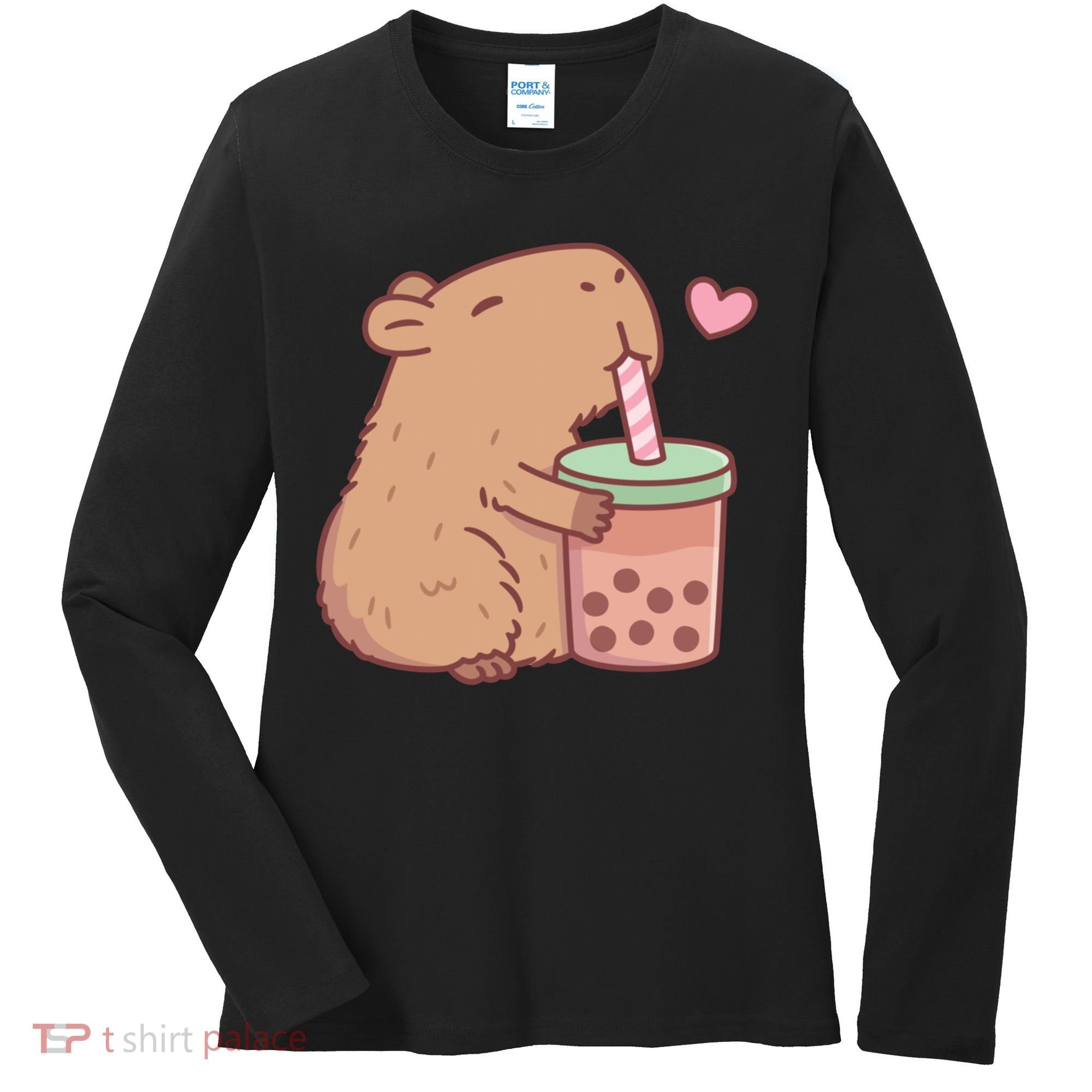 Cute Capybara Loves Bubble Tea Women's Long Sleeve Shirt