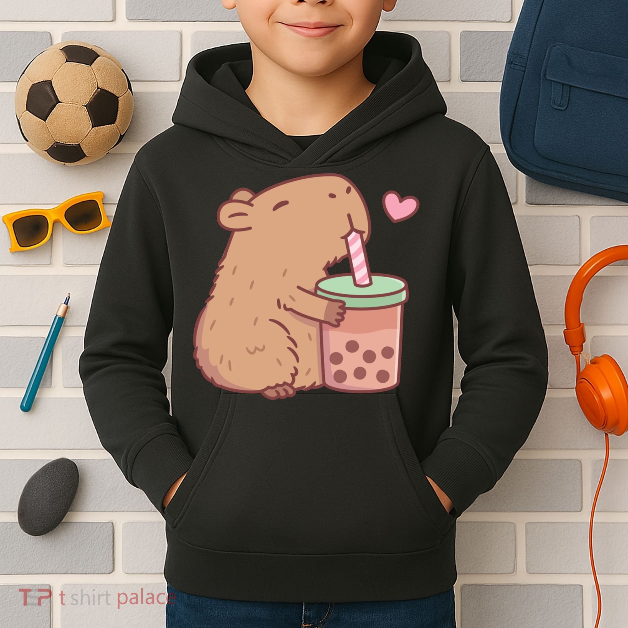 Cute Capybara Loves Bubble Tea Kids Hoodie