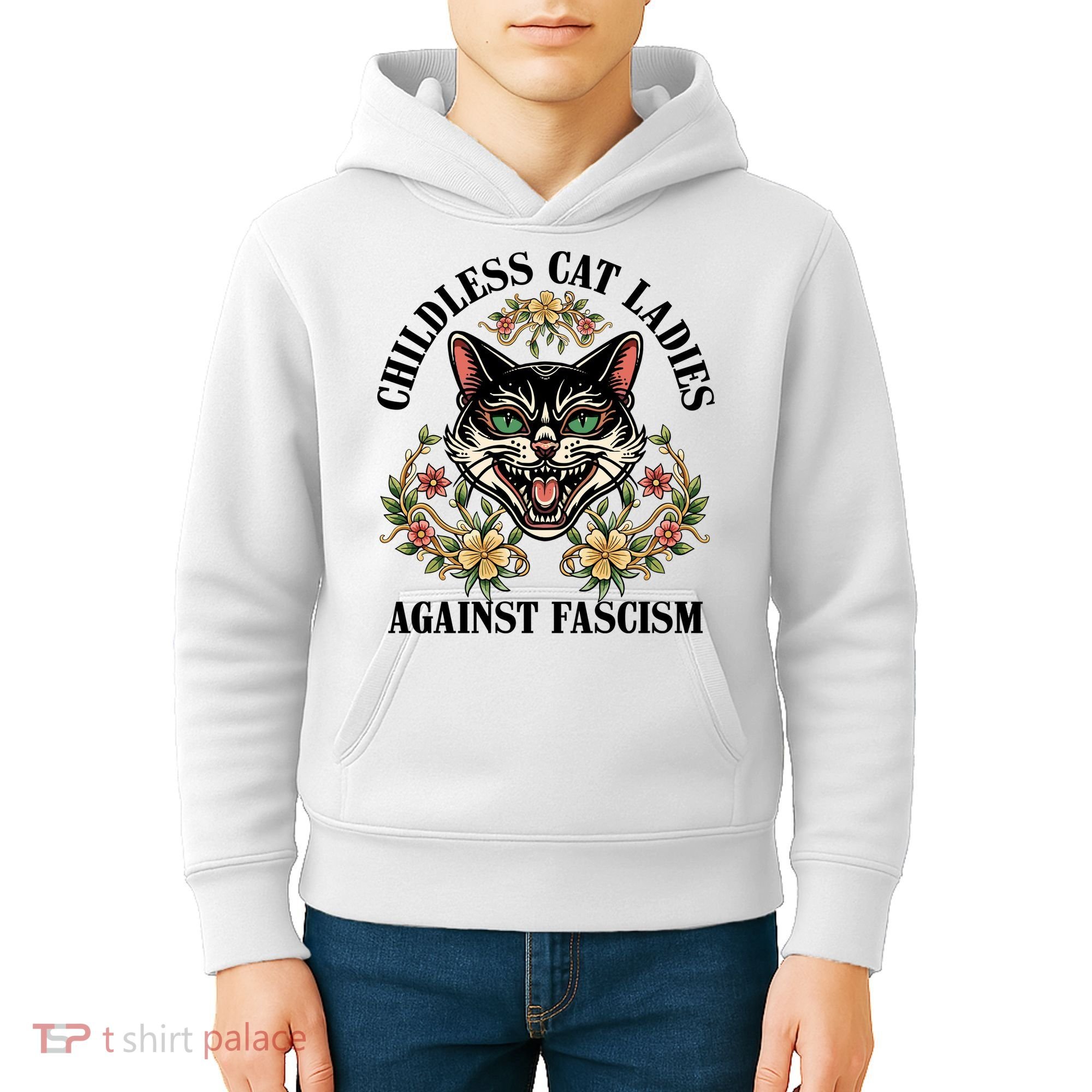 Childless Cat Ladies Against Fascism Kids Hoodie