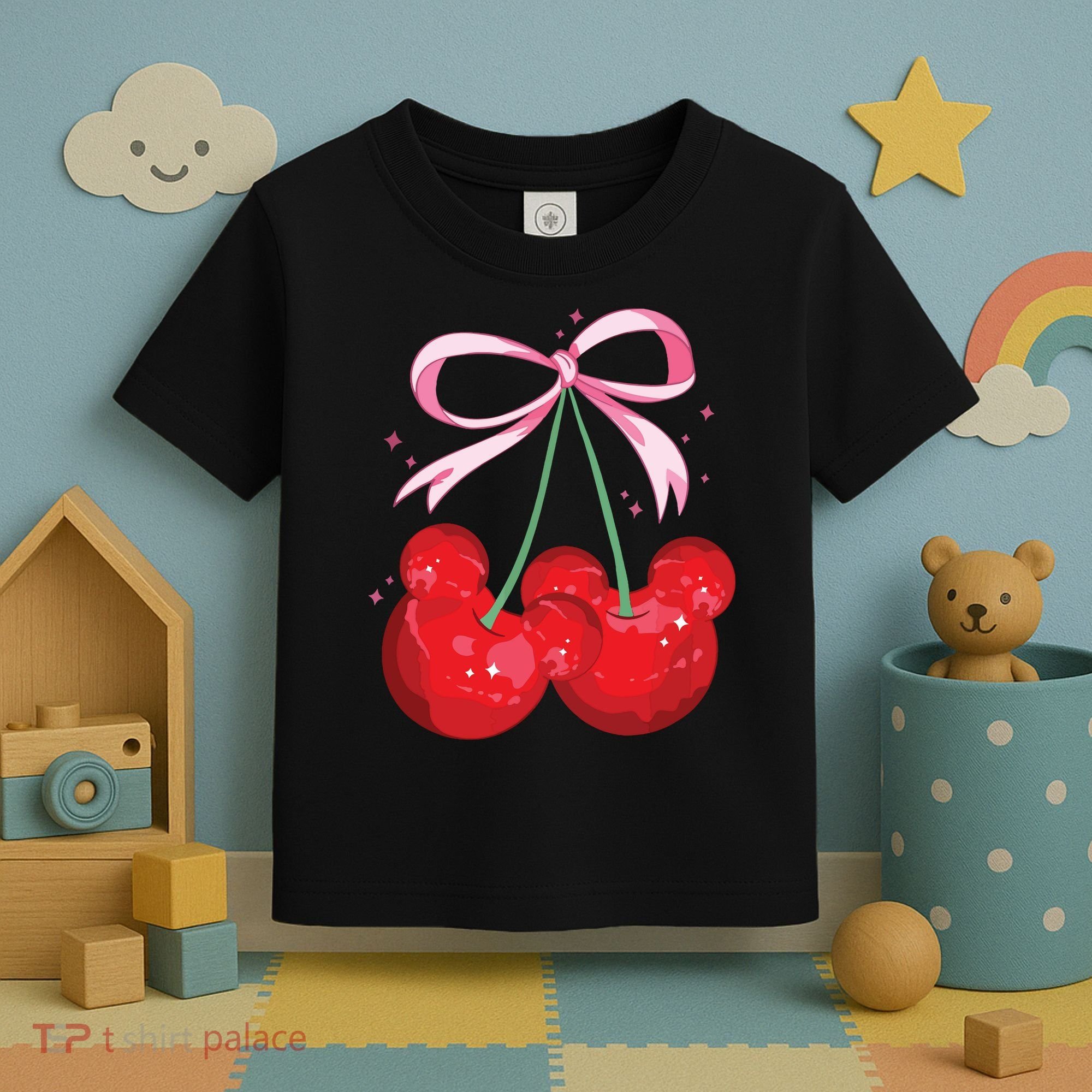 Coquette Cherry Mouse Ears Bow Princess Theme Park Toddler T-Shirt