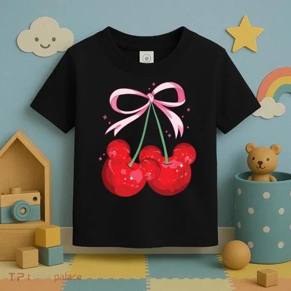 Coquette Cherry Mouse Ears Bow Princess Theme Park Toddler T-Shirt