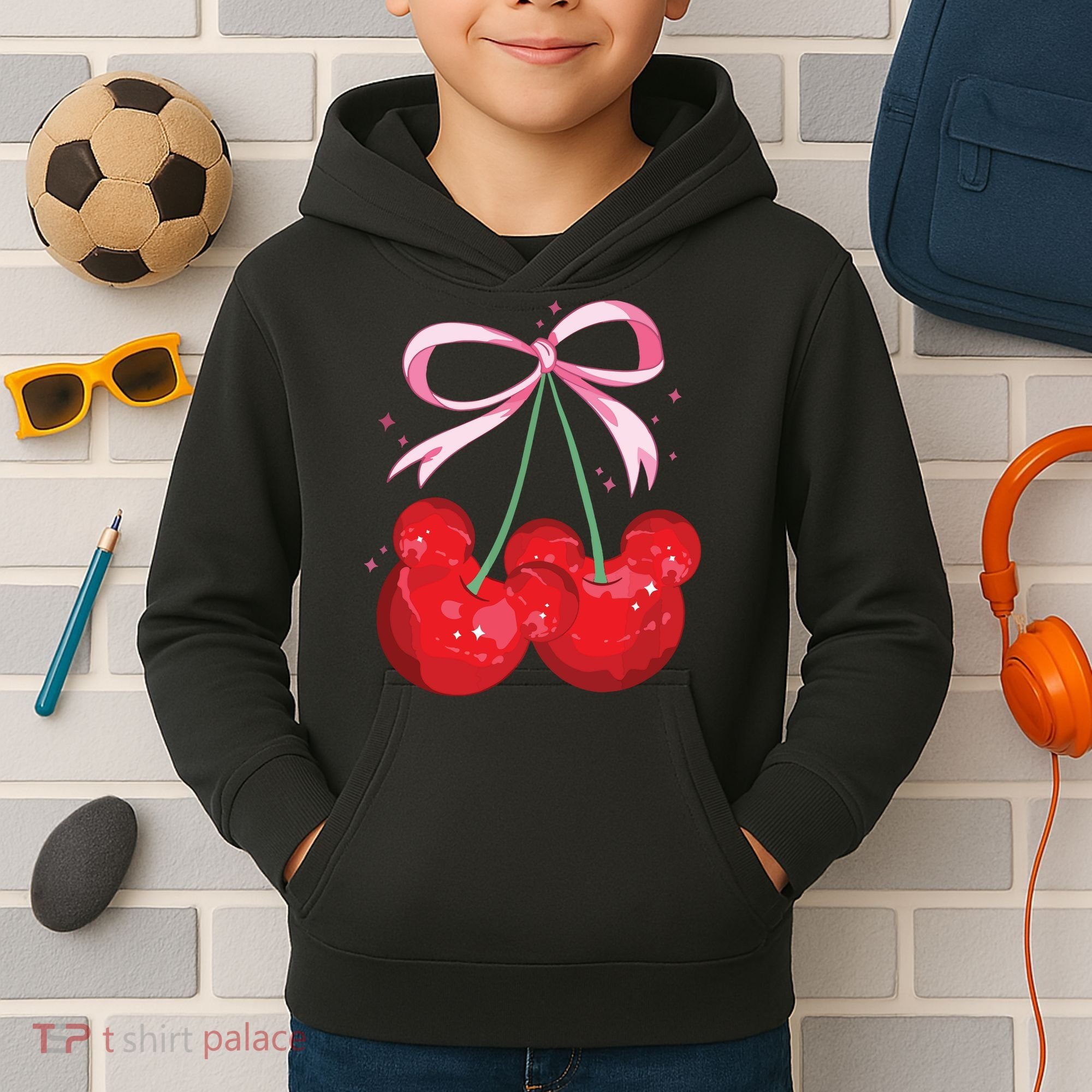 Coquette Cherry Mouse Ears Bow Princess Theme Park Kids Hoodie