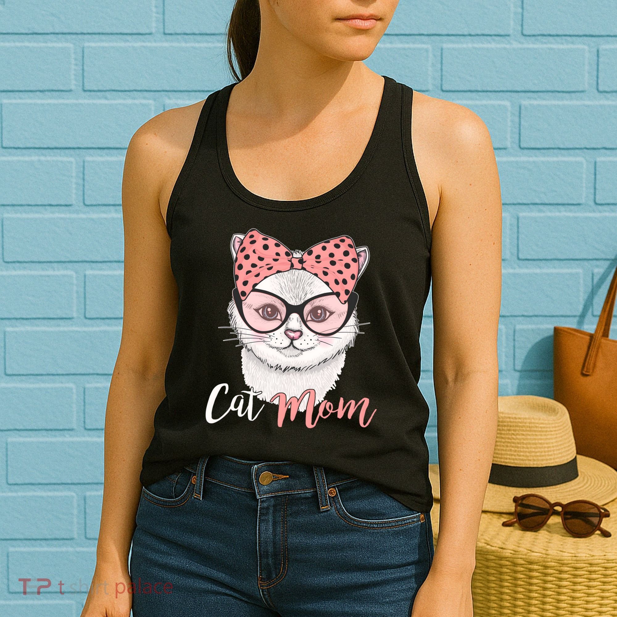 Cute Cat Mom Polka Dot Bow Bandana Women's Tank Top