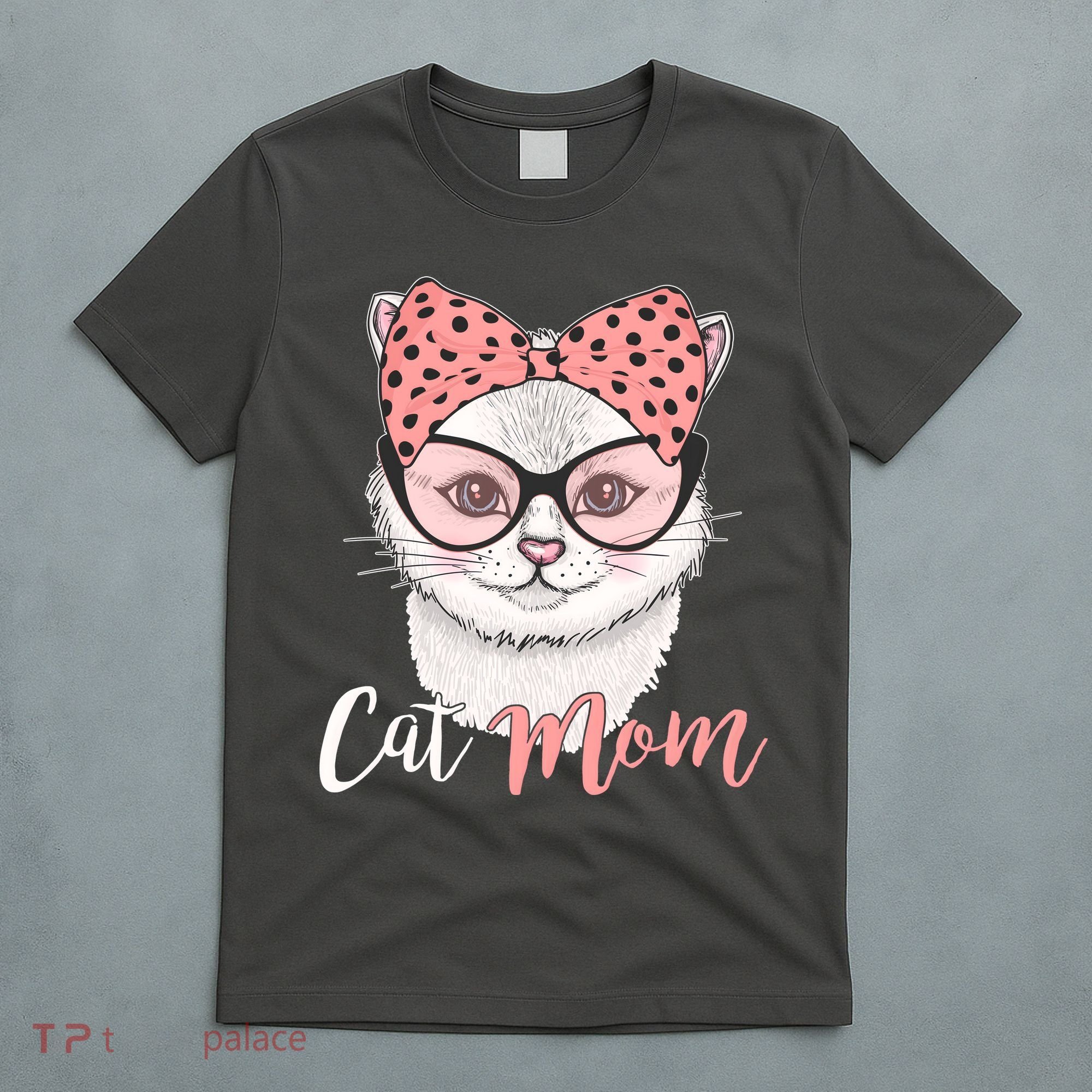 Cute Cat Mom Polka Dot Bow Bandana T-Shirt