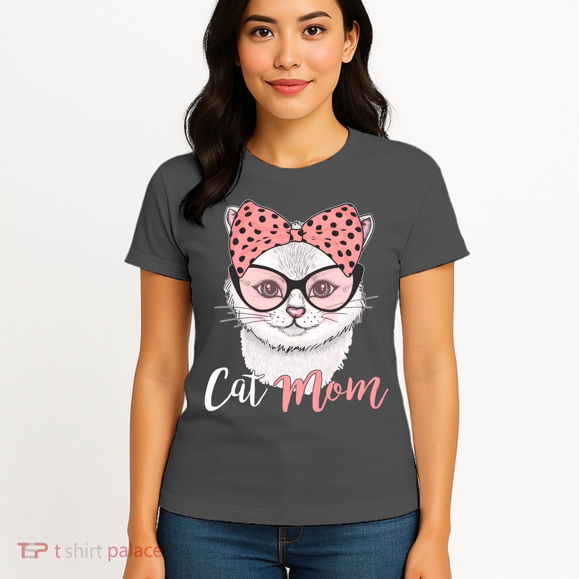 Cute Cat Mom Polka Dot Bow Bandana Women's T-Shirt