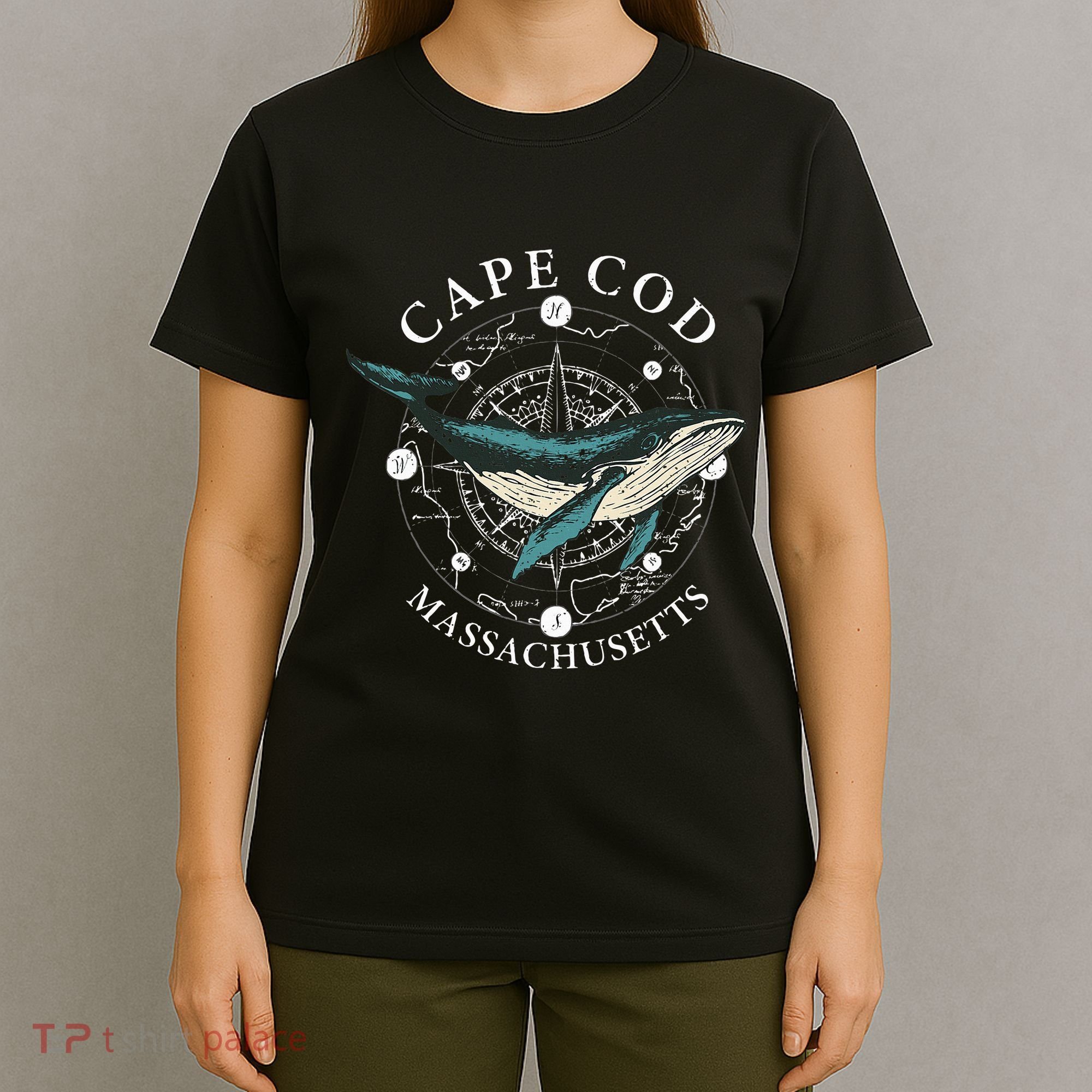 Cape Cod Massachusetts Humpback Whale Vintage Wind Rose T-Shirt