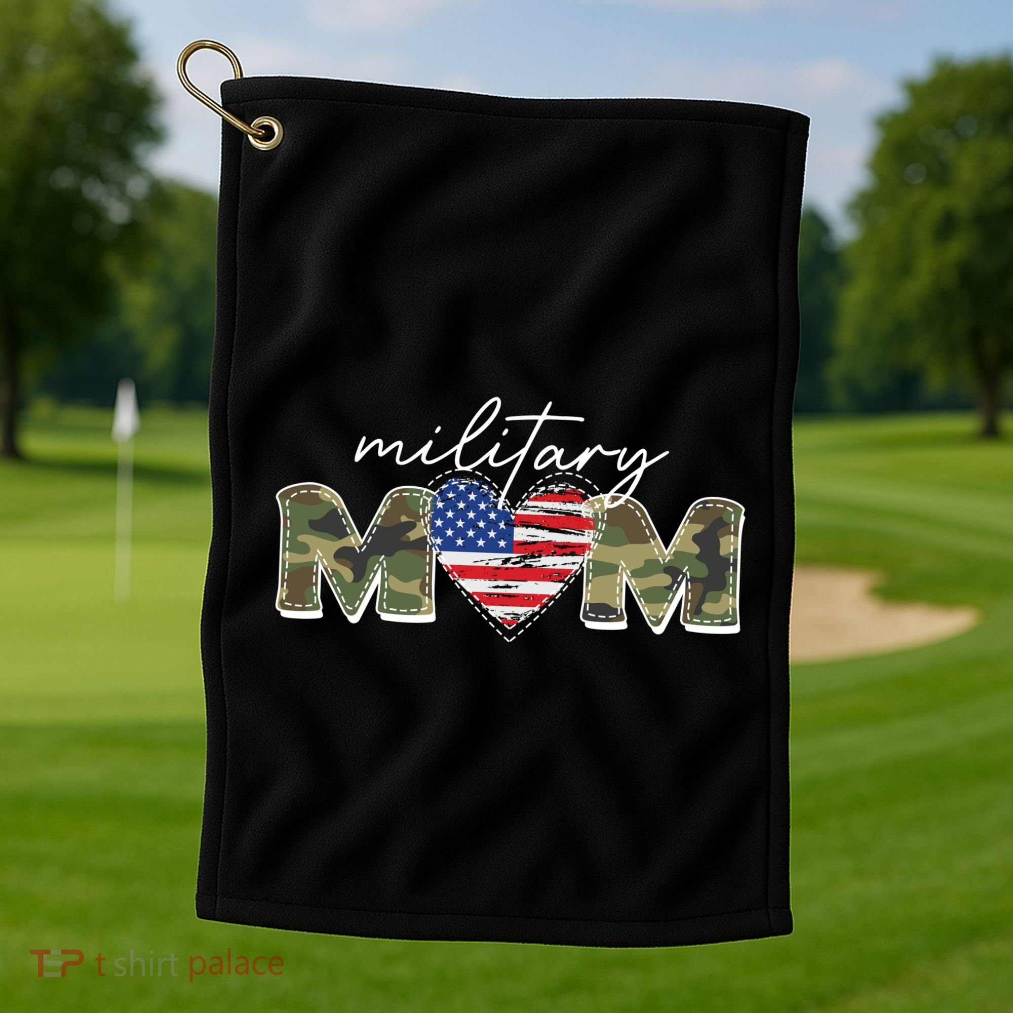 Cute Camouflage Military Mom American Flag Heart Golf Towel