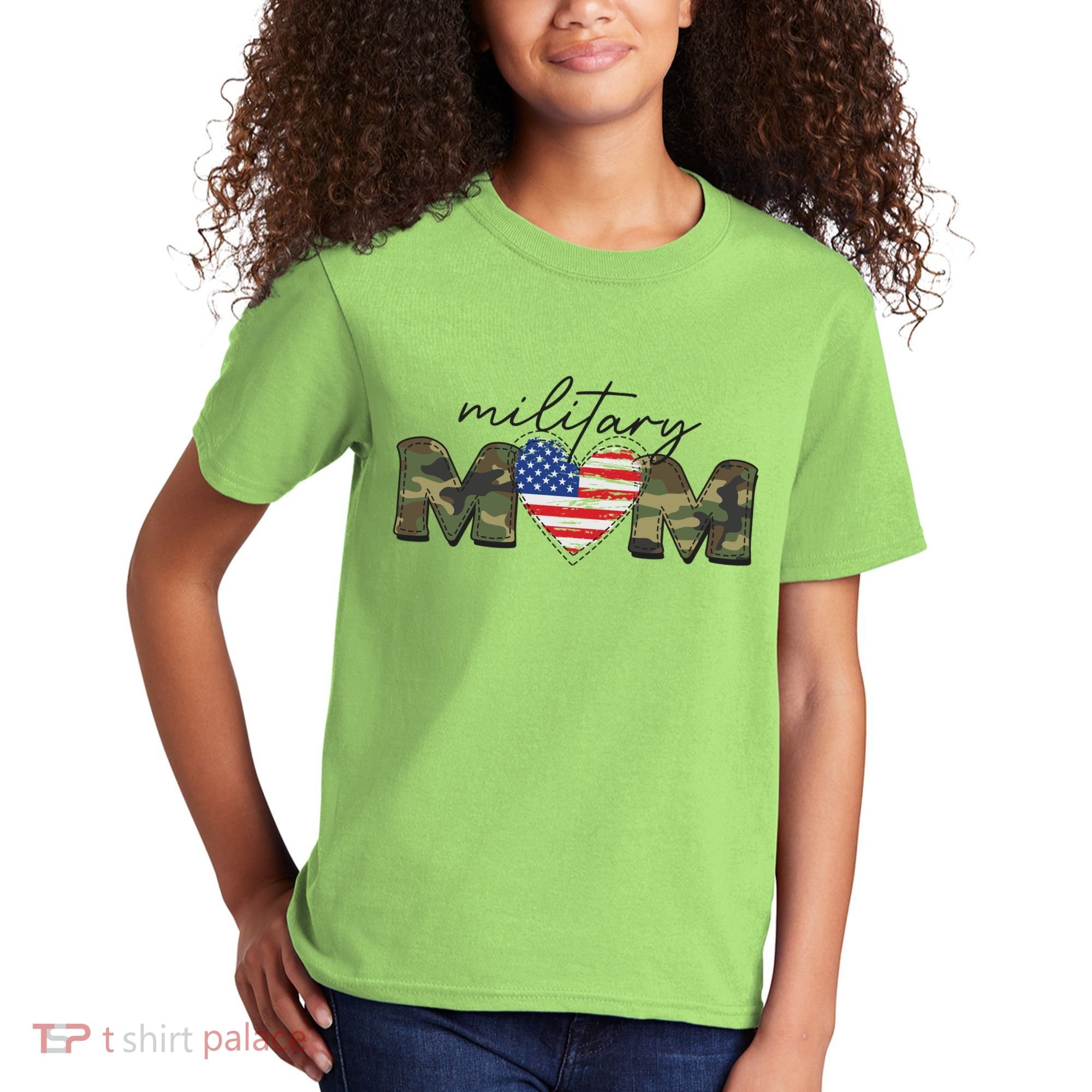 Cute Camouflage Military Mom American Flag Heart Kids T-Shirt