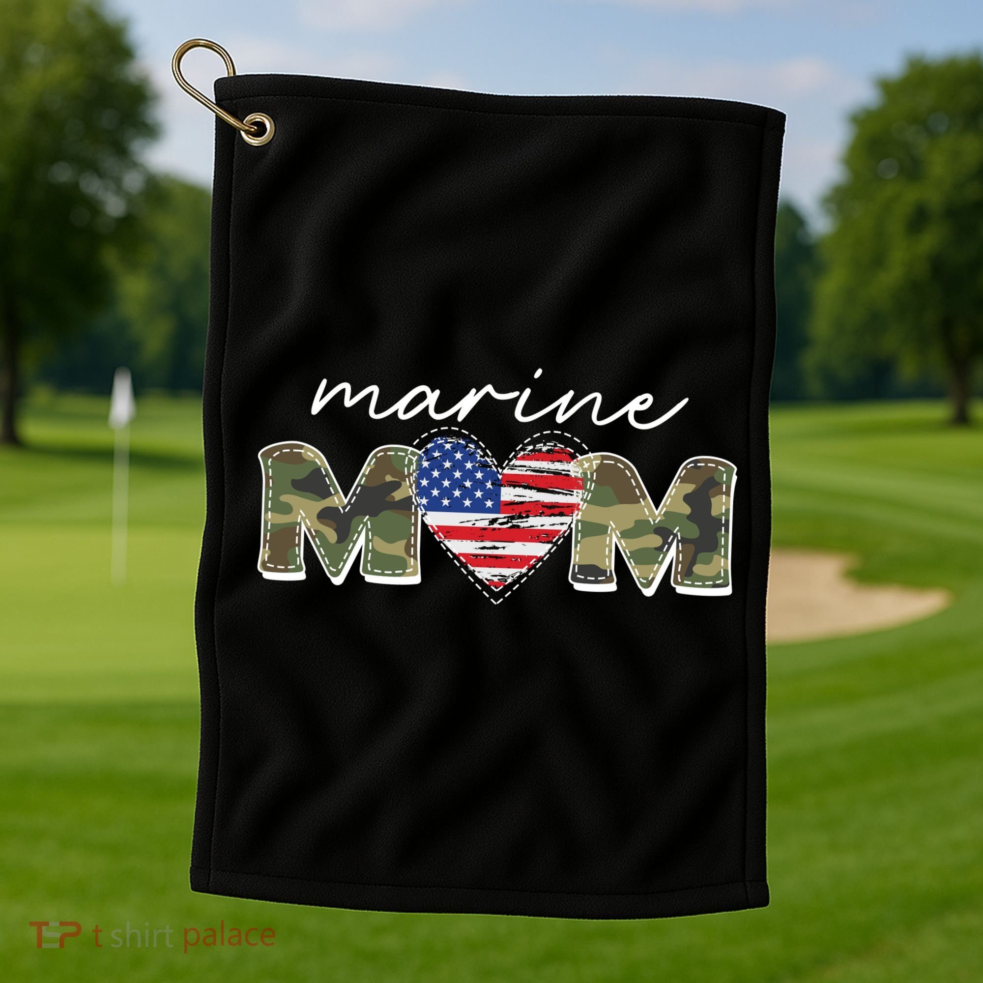 Cute Camouflage Marine Mom American Flag Heart Golf Towel